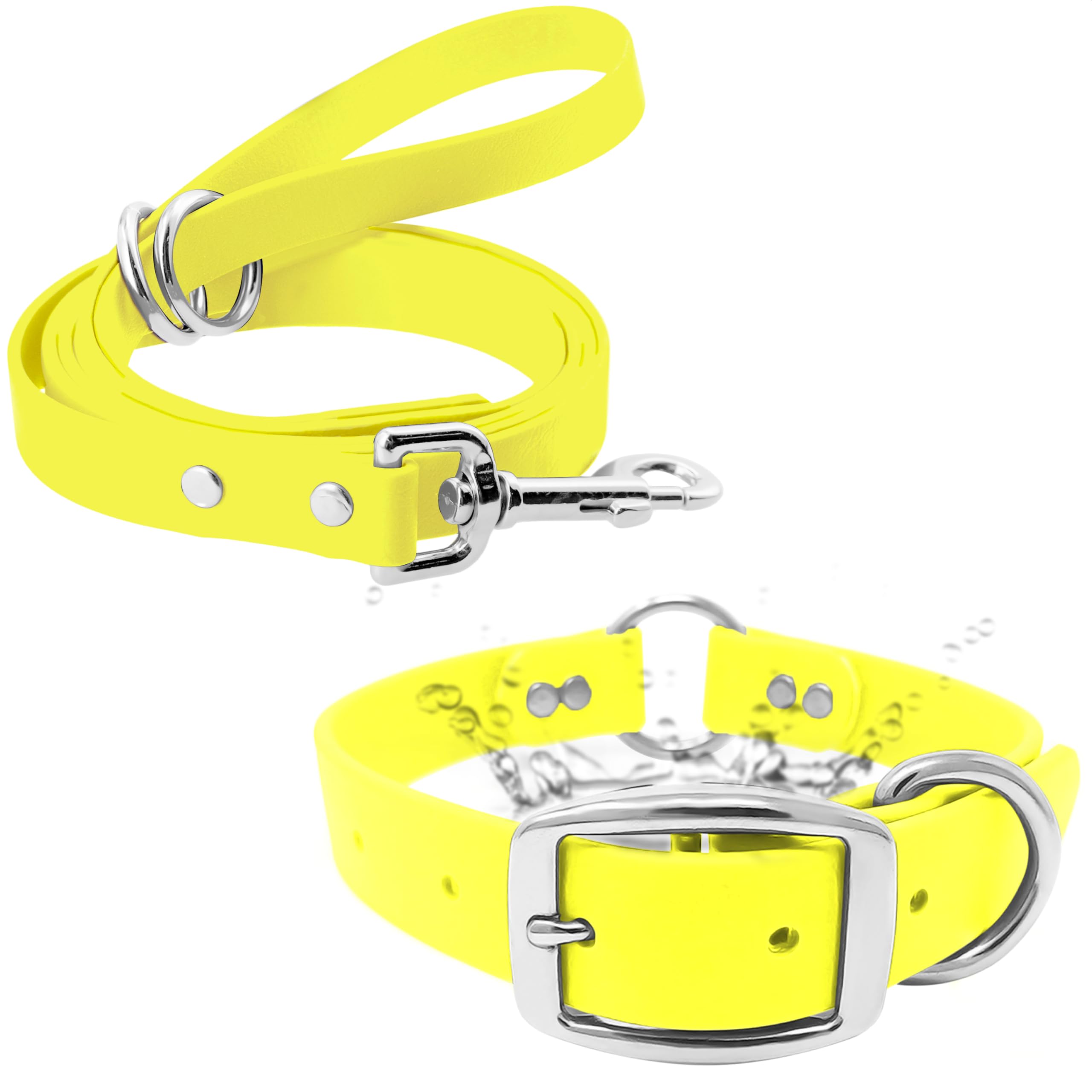 Regal Dog Products Medium Yellow Waterproof Dog Collar And Leash Set - Vinyl Coated Biothane Pet Training Collar With Heavy Duty