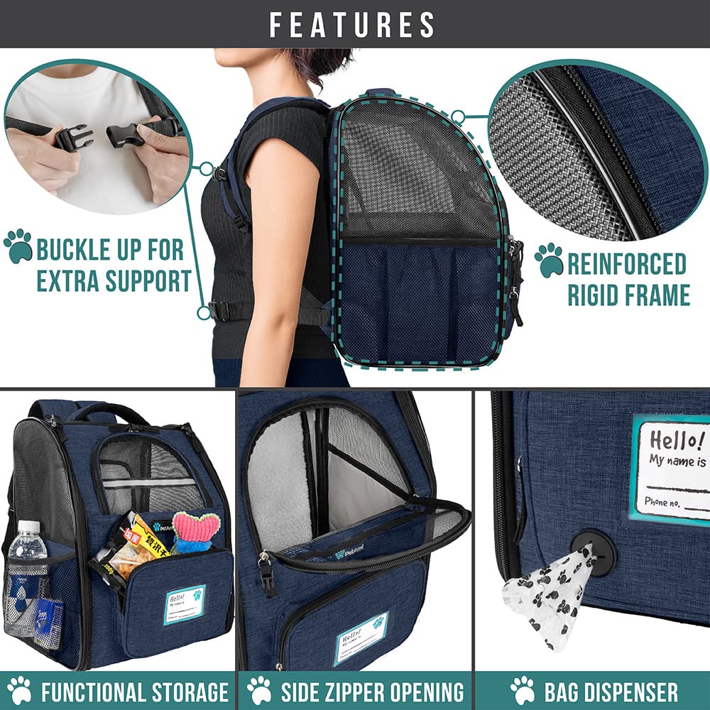 Petami Dog Cat Backpack Carrier, Expandable Pet Carrier Backpack For Travel Hiking, Small Medium Dog Puppy Large Cat Carrying Backpack, Airline Approved Ventilated Soft Back Support, 18 Lbs, Navy