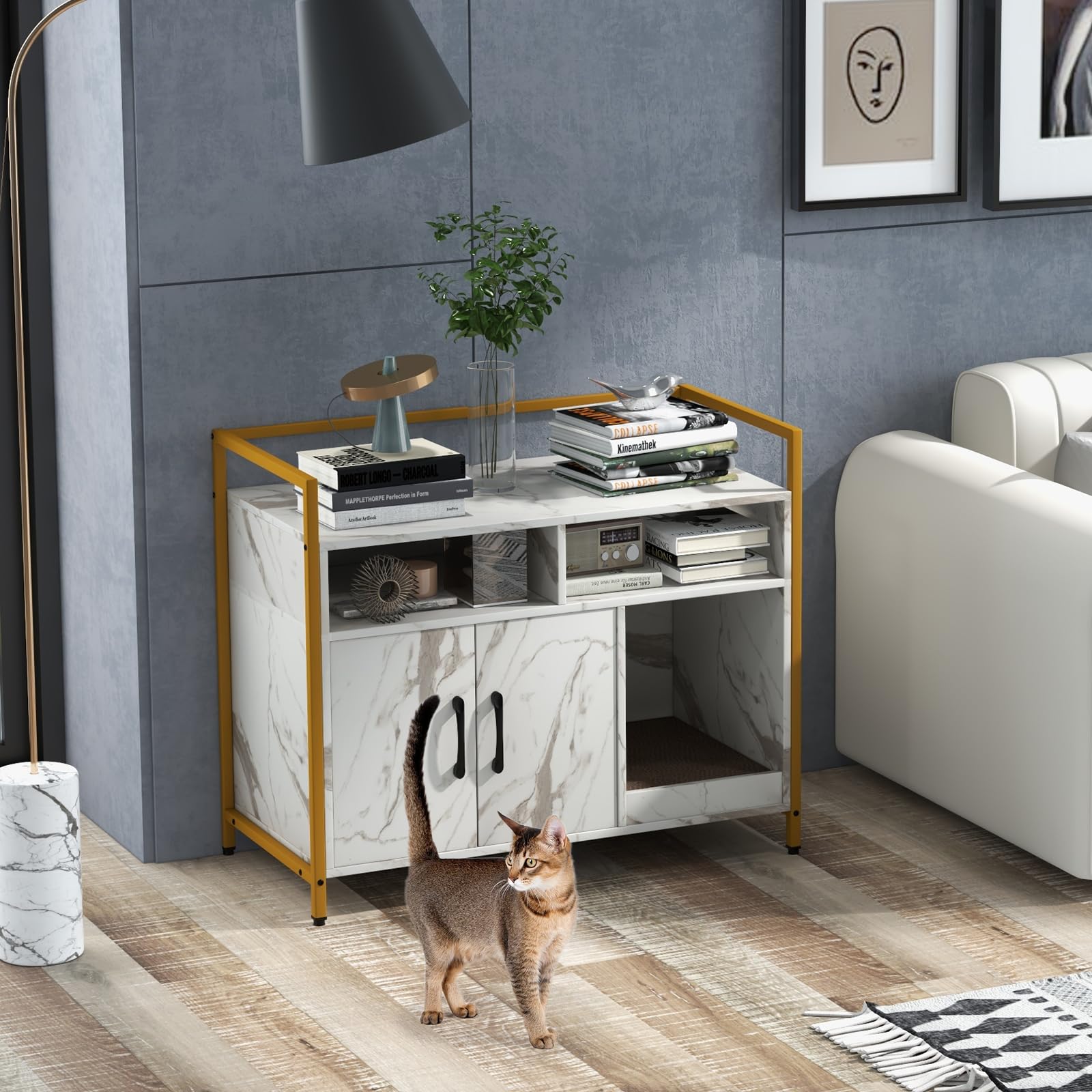 Giantex Cat Litter Box Enclosure - Cat Washroom Hidden Furniture with Front Entry, Scratcher, 2-Door Storage Cabinet, 2 Compartm