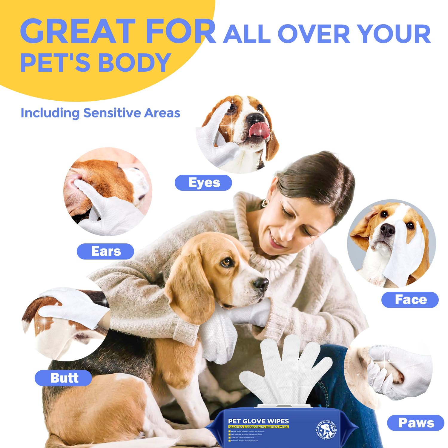 Pupmate Pet Cleaning Glove Wipes For Dogs & Cats, Hypoallergenic Deodorizing Disposable No-Rinse Grooming Wipes, Extra Thick Bat