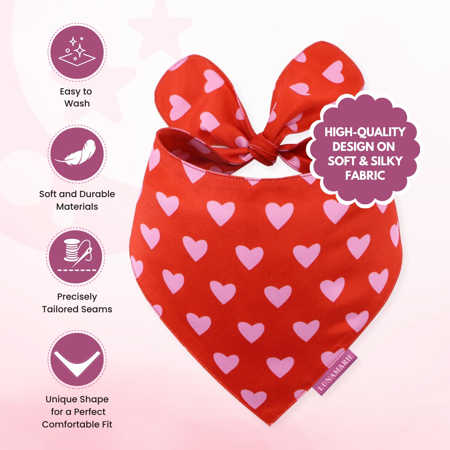 Lunamarie - Luxury Pet Birthday Bandanas -Premium & Silky Poly Fabric | 100% Handmade | Custom Shape Dual Layered (Evie Hearts,