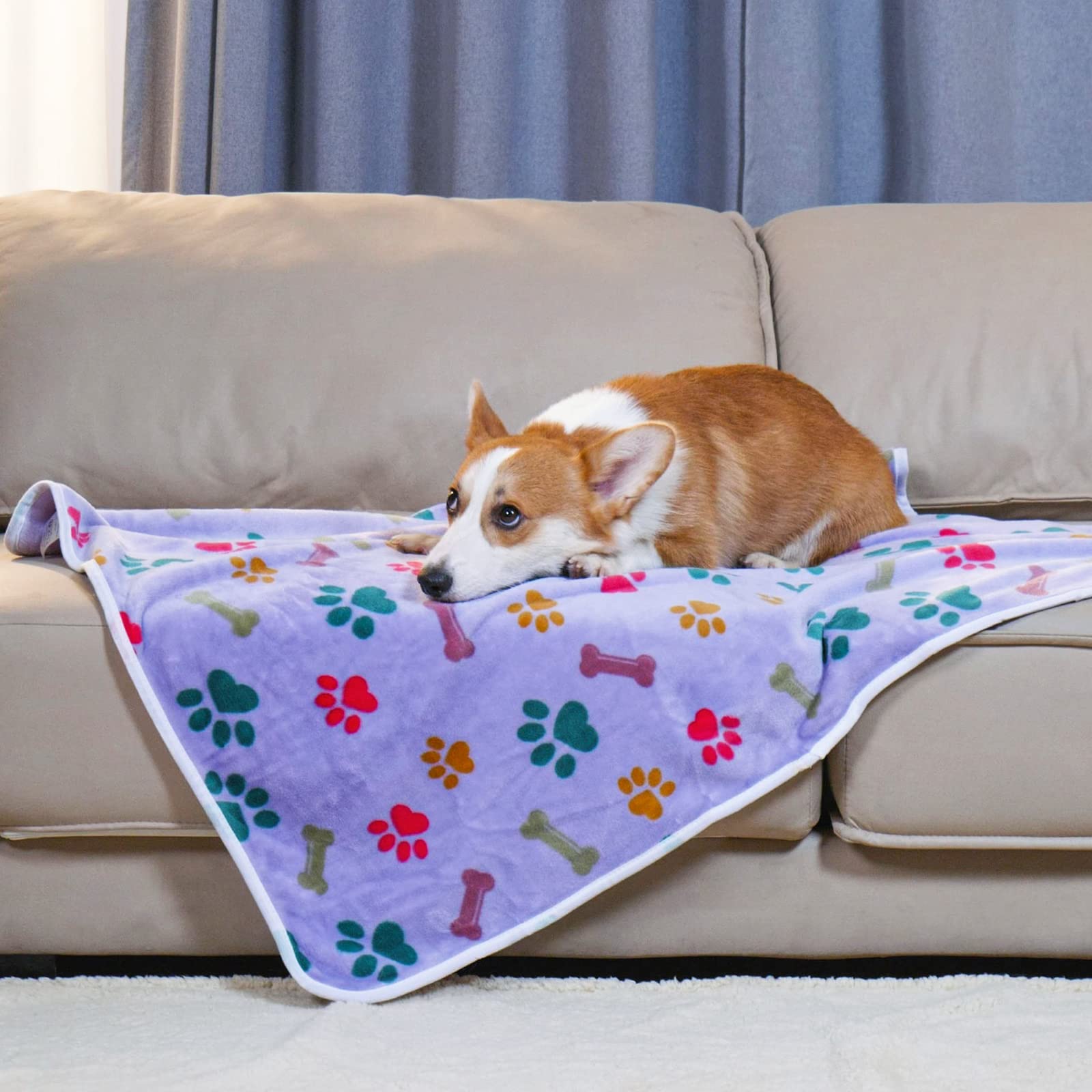 Luciphia 1 Pack 3 Blankets Fluffy Premium Fleece Pet Blanket Flannel Paw Bone Printed Throw For Dog Cat(Large 41X31'', Purple/Pink/White)