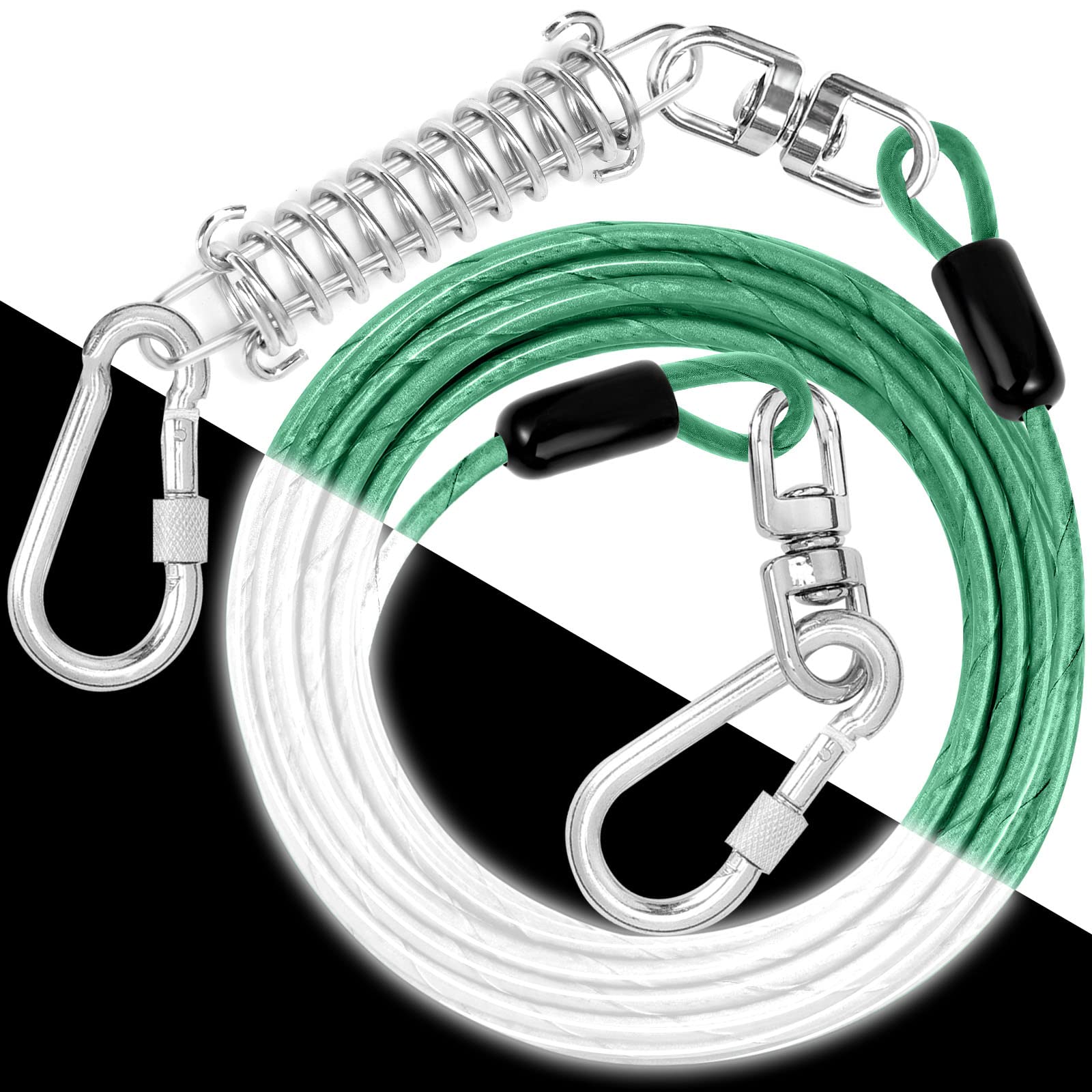 Dog Tie Out Cable: Reflective 15 Ft Heavy Duty Dogs Chain For Outside With Shock Absorbing Spring - Dog Runner Leash For Yard Ca