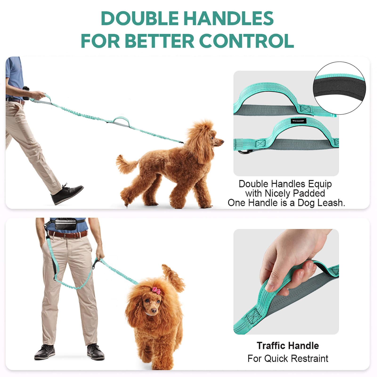 Yicostar Hands Free Dog Leash, Retractable Bungee With Double Padded Handles, Waist Leash For Dog Walking, Heavy Duty Dog Leash