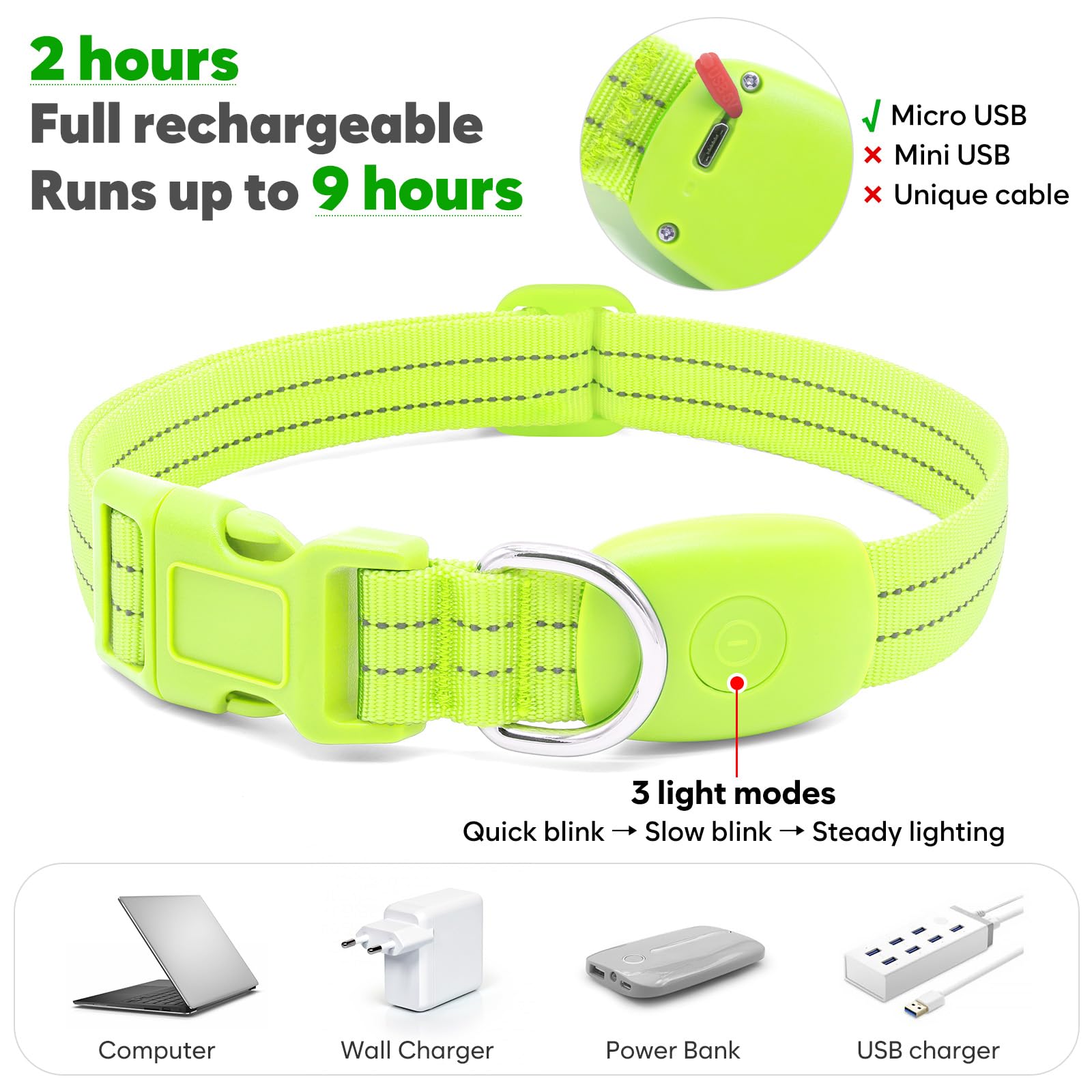 Pzrlit Light Up Dog Collars Rechargeable, Reflective Led Glow Dark Dog Collar For Small Medium Large Dogs, Adjustable Pet Dog Li
