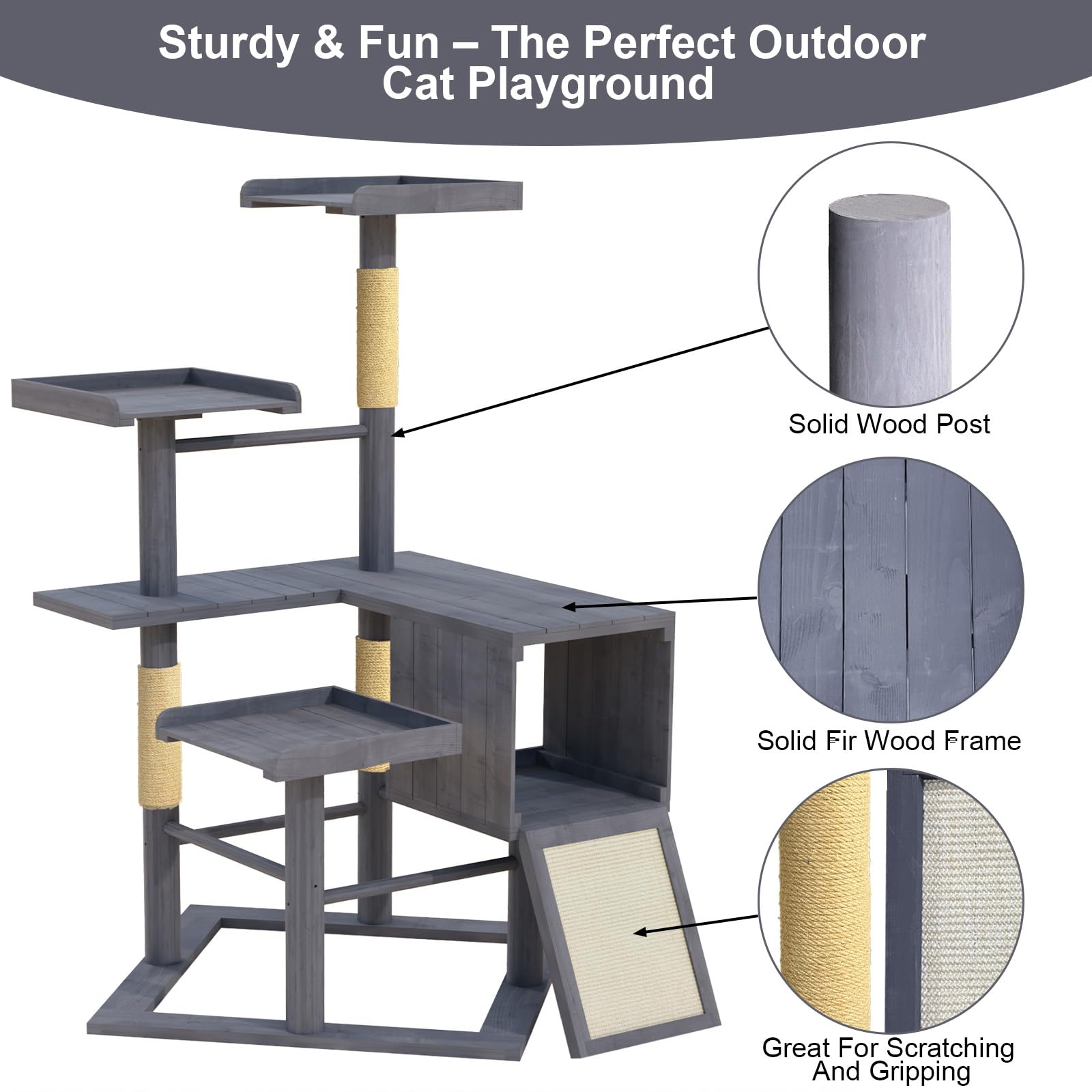 GDLF Outdoor Cat Tree Tower, 67" Weatherproof Wood for Large Cats, Condo & Scratching Posts, Grey, Model PET842M