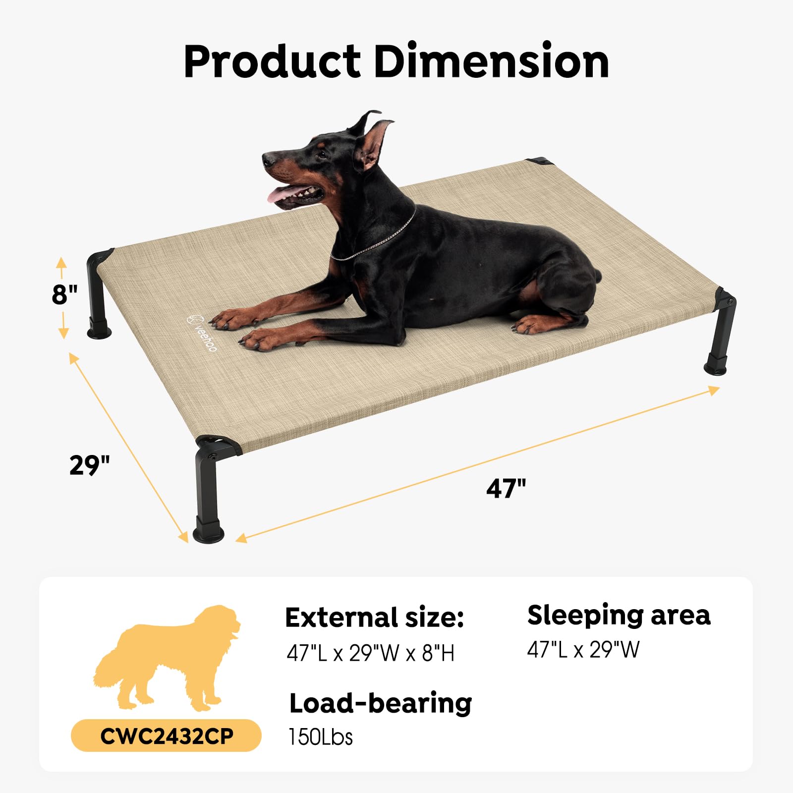 Veehoo Heavy Duty Elevated Dog Bed - Raised Bed With Washable Teslin Mesh, Non-Slip Feet, Cooling Cot, Indoor/Outdoor Use, 47''