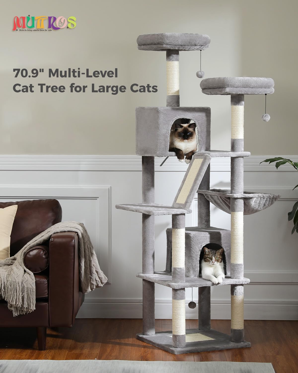 Muttros Tall Cat Tree 70.9'', Large Cat Tree For Indoor Cats, Multi-Level Plush Cat Condo With 6 Scratching Posts, 2 Scratching