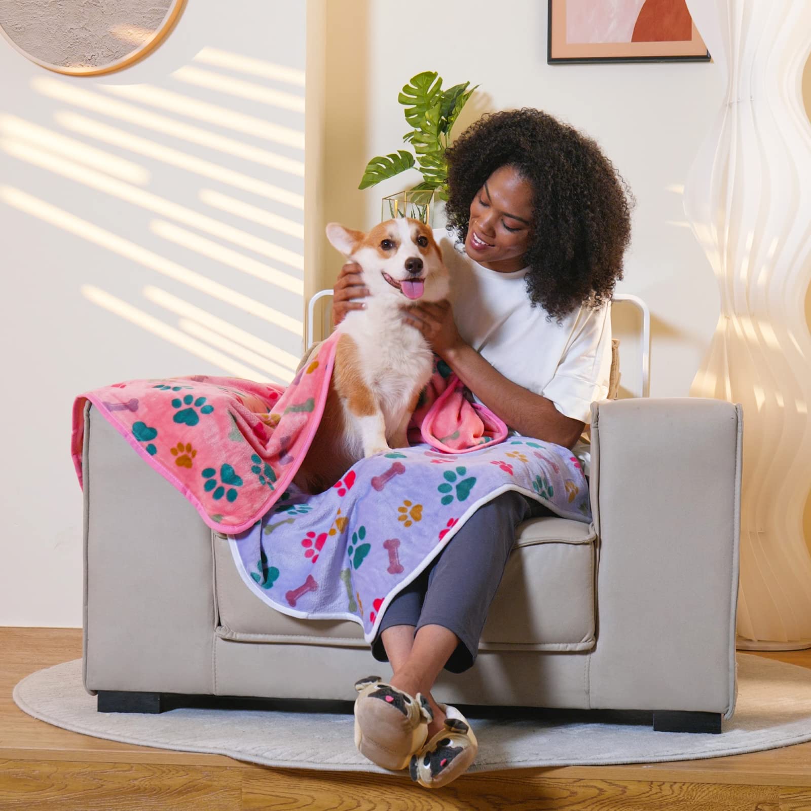 Luciphia 1 Pack 3 Blankets Fluffy Premium Fleece Pet Blanket Flannel Paw Bone Printed Throw For Dog Cat(Small 23X16'', Purple/Pink/White)