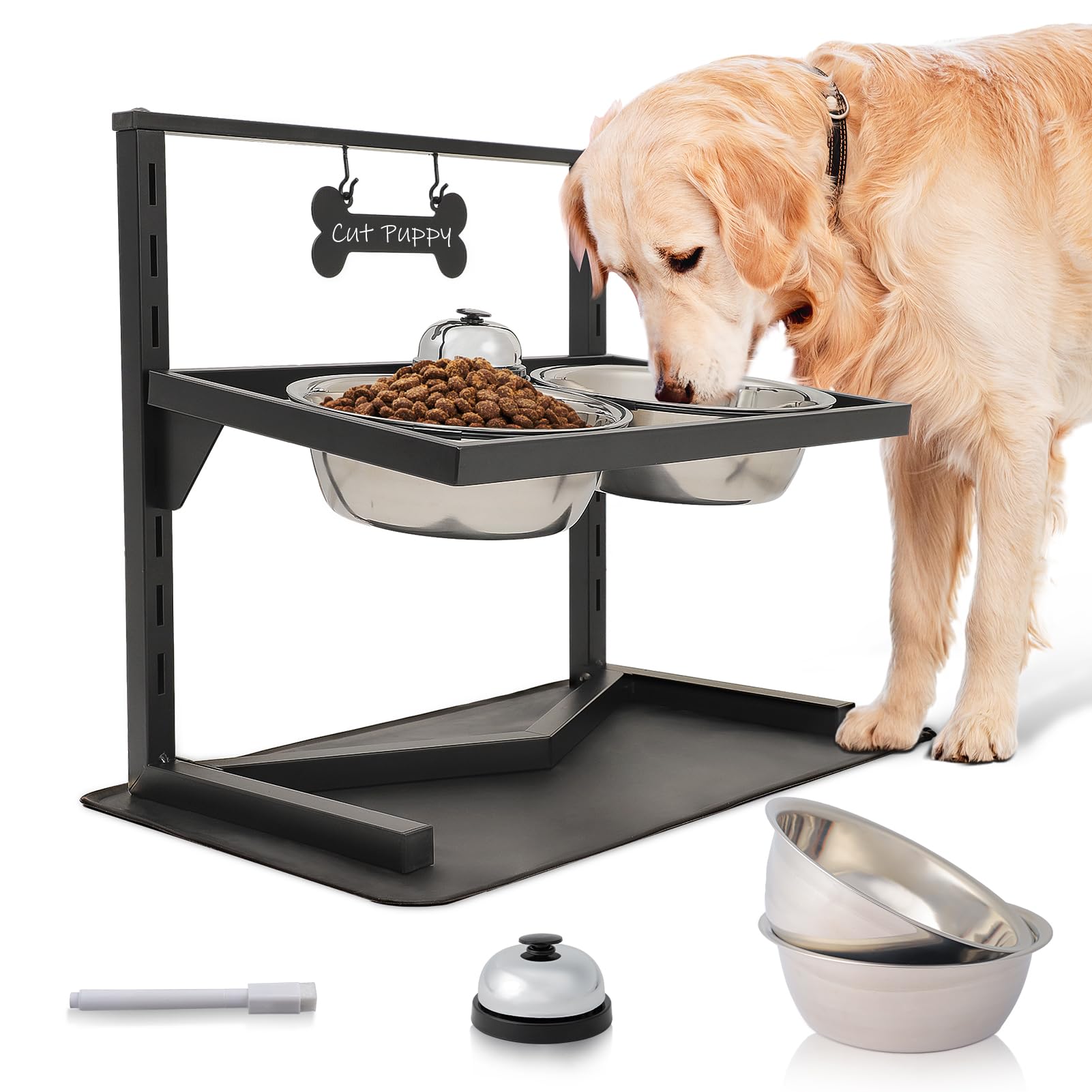 Grand Line Elevated Dog Bowls - 7 Height Adjustable, 10 Tilted Raised Stand With Spill Proof Mat, Two 1.5L Stainless Steel Food 