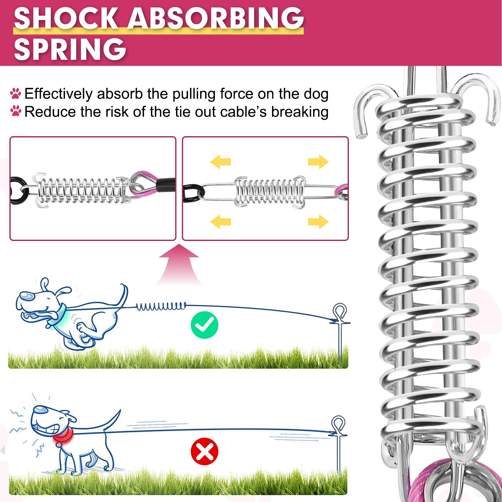 Snagle Paw Heavy Duty Long Leads For Yard 120Ft-1000Lbs Break Strength, Tie Out Cable With Swivel Lockable Hook & Spring, Chew P