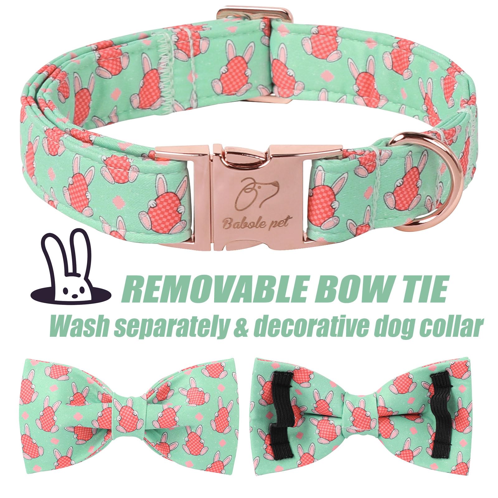 Babole Pet Dog Collar With Easter Bunny Egg Pattern Bow Tie - Adjustable Heavy Duty Spring Bowtie Collar For Small Medium Large