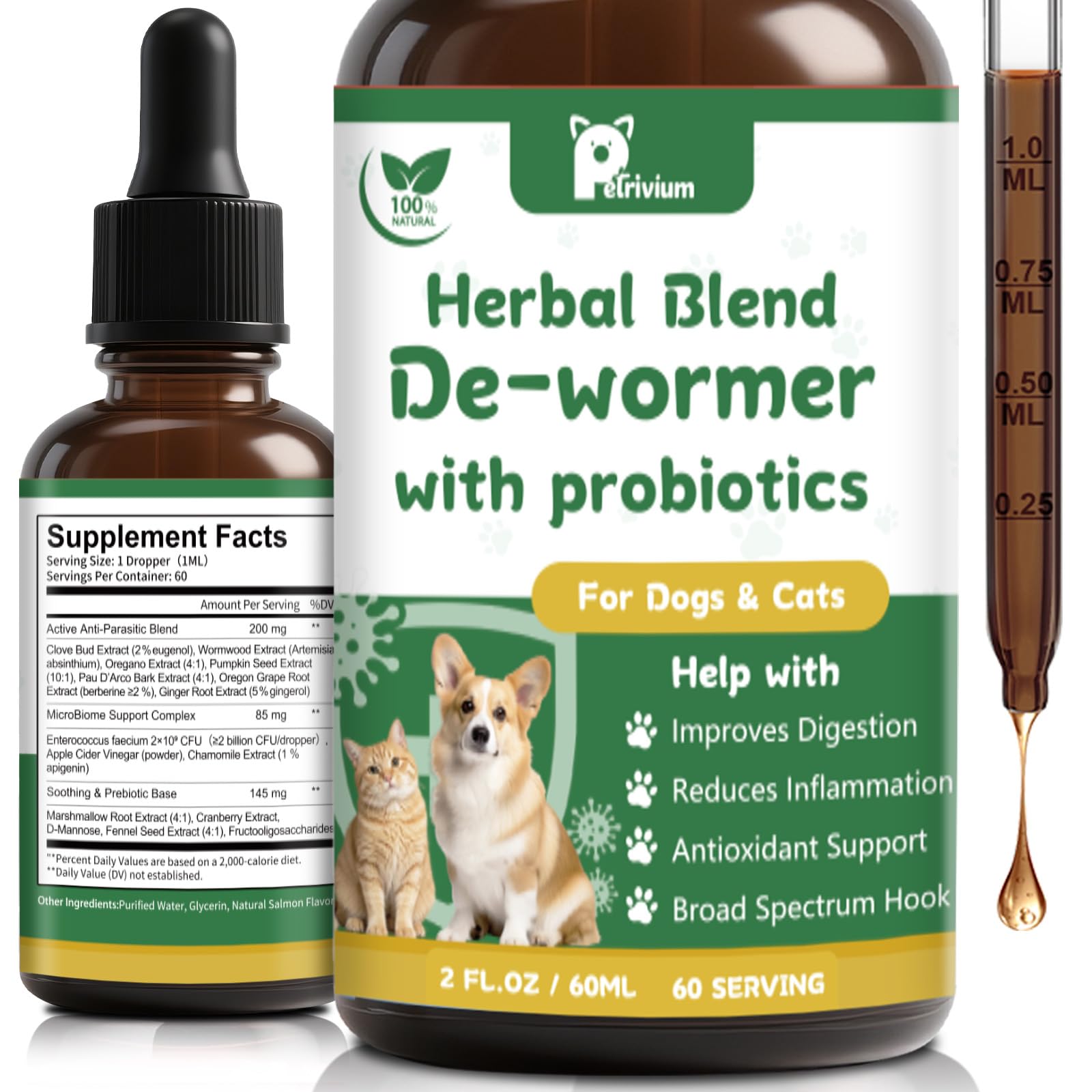 Natural Intestinal Defense for Cats & Dogs - Herbal Cleanse with Probiotic, Triple Action Probiotics Supplement Drops for Gut He