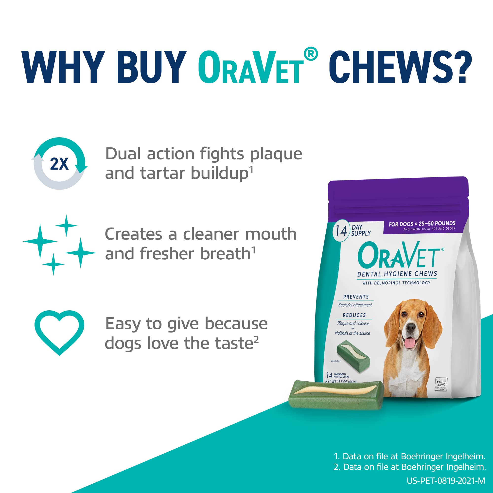 ORAVET Dental Chews for Dogs, Oral Care and Hygiene Chews (Medium Dogs, 25-50 lbs.) Purple Pouch, 14 Count