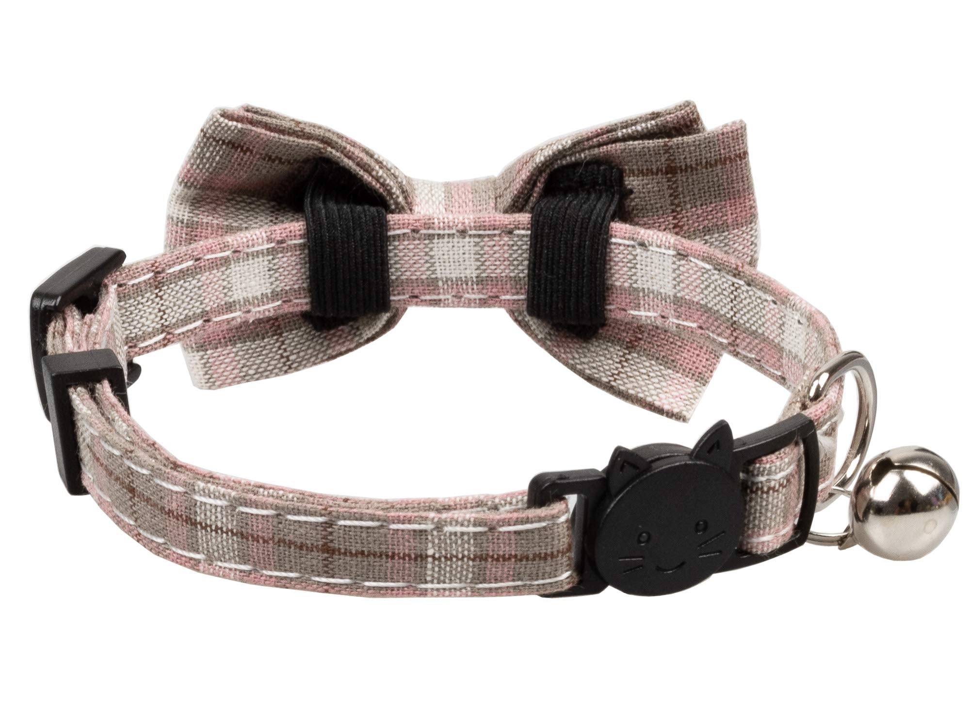 Gyapet Cat Collar Breakaway Bowtie Safety With Bell Adjustbale Kitten Puppy Solid Plaid Color Set D-[2Pcs] Pink-2