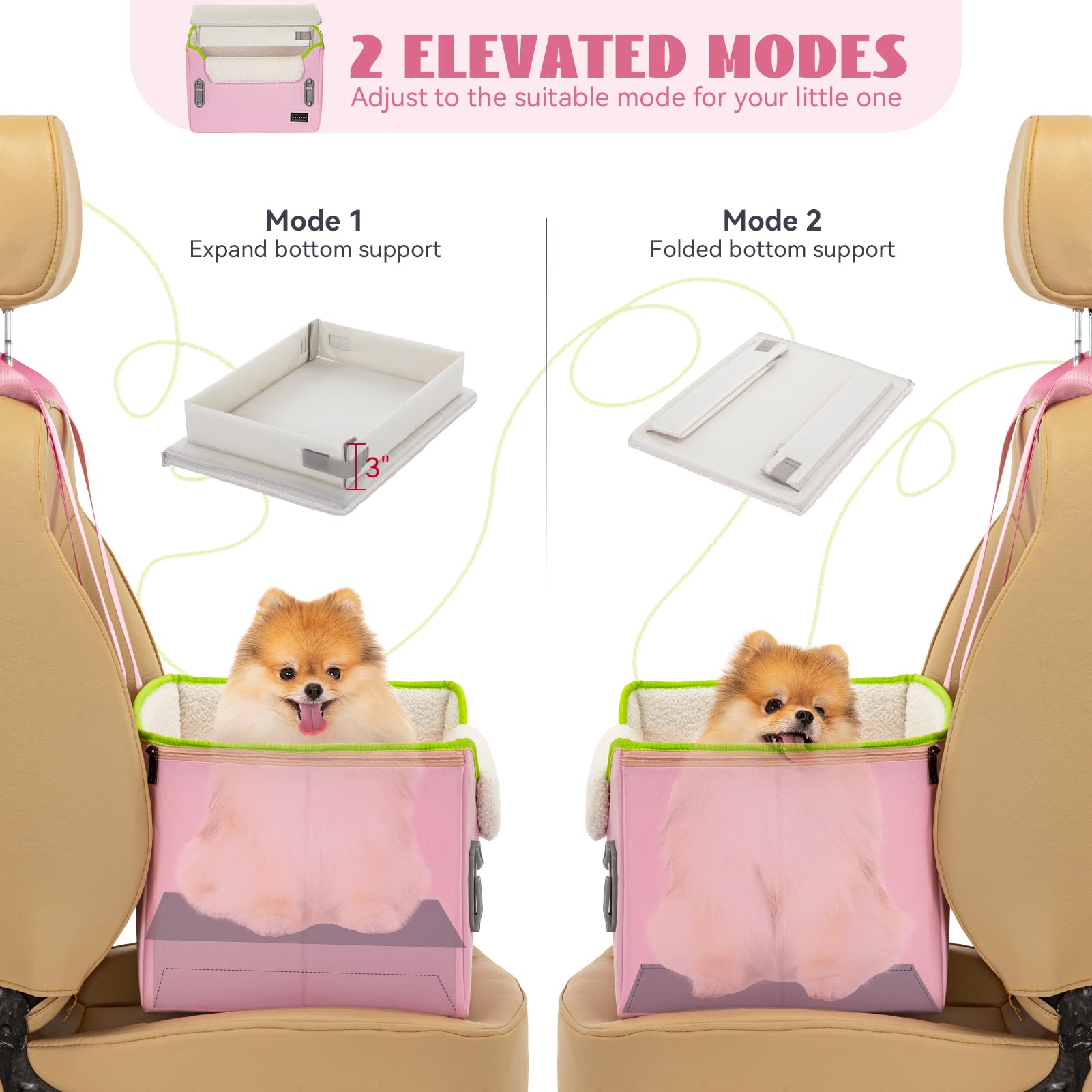 Petsfit Small Dog Car Seat, Puppy Portable Dog Booster Seat For Car With Clip-On Leash, Adjustable Straps Suitable For Small Pets Up To 25Lbs (Pink)