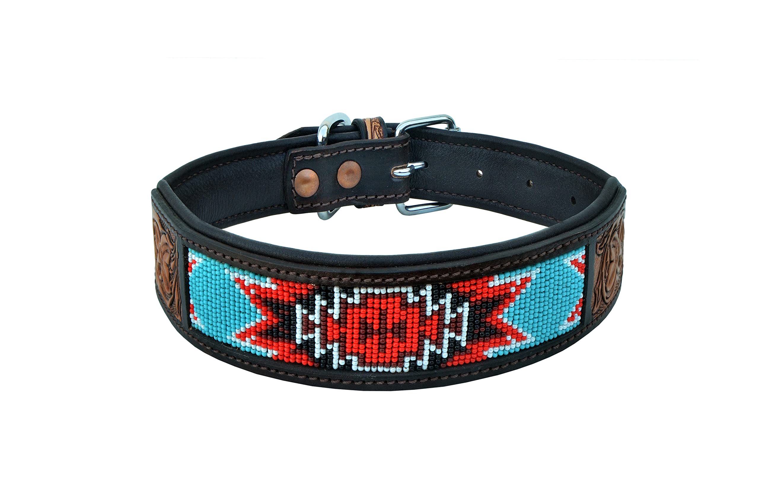 Affilare Genuine Leather Dog Collar Western Style Beaded Dog Collar Hand Tooled And Padded For Extra Comfort 10Ab008-Small