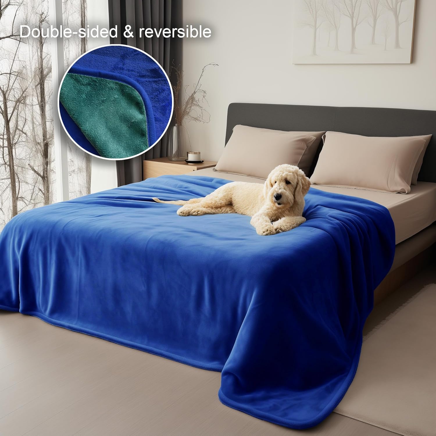 Bedding Aid Waterproof Flannel Blanket, Twin Size 60x80?, Navy Blue & Abyss Green, Leakproof Couples Love Blanket