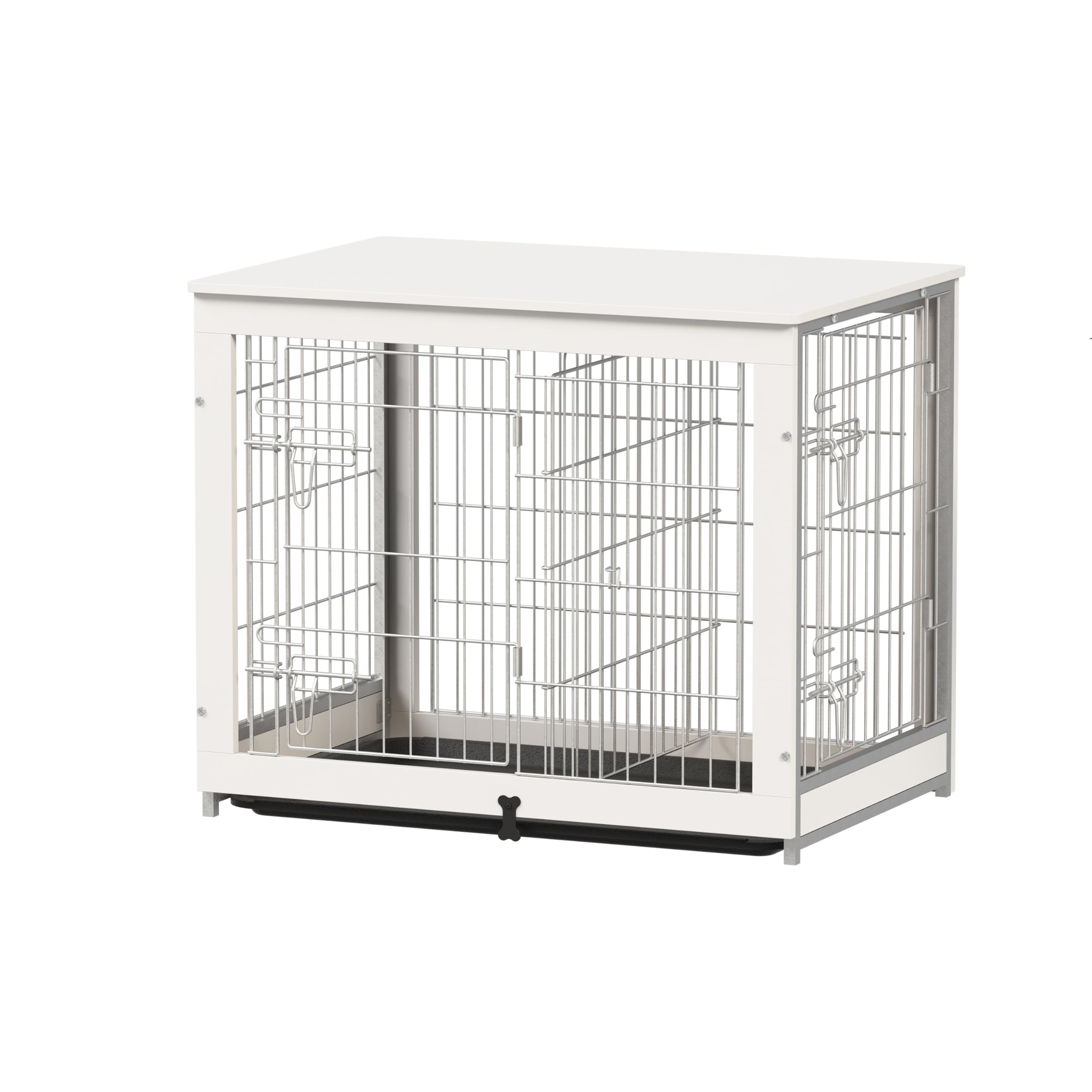Piskyet Wooden Dog Crate Furniture with Divider Panel, Dog Crate End Table with Fixable Slide Tray, Double Doors Dog Kennel Indo