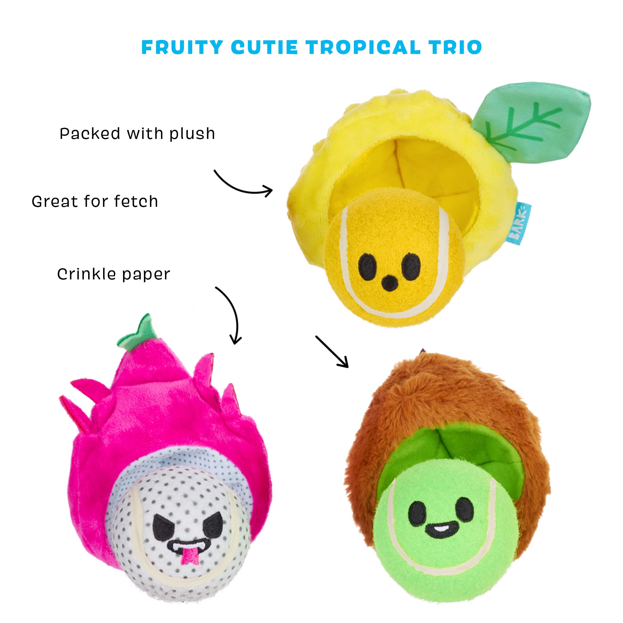 Barkbox Dog Toys - Fruity Cutie Tropical Trio Squeaker Ball Interactive Chew Toys - Durable & Tough Tennis Balls, Training, Exer