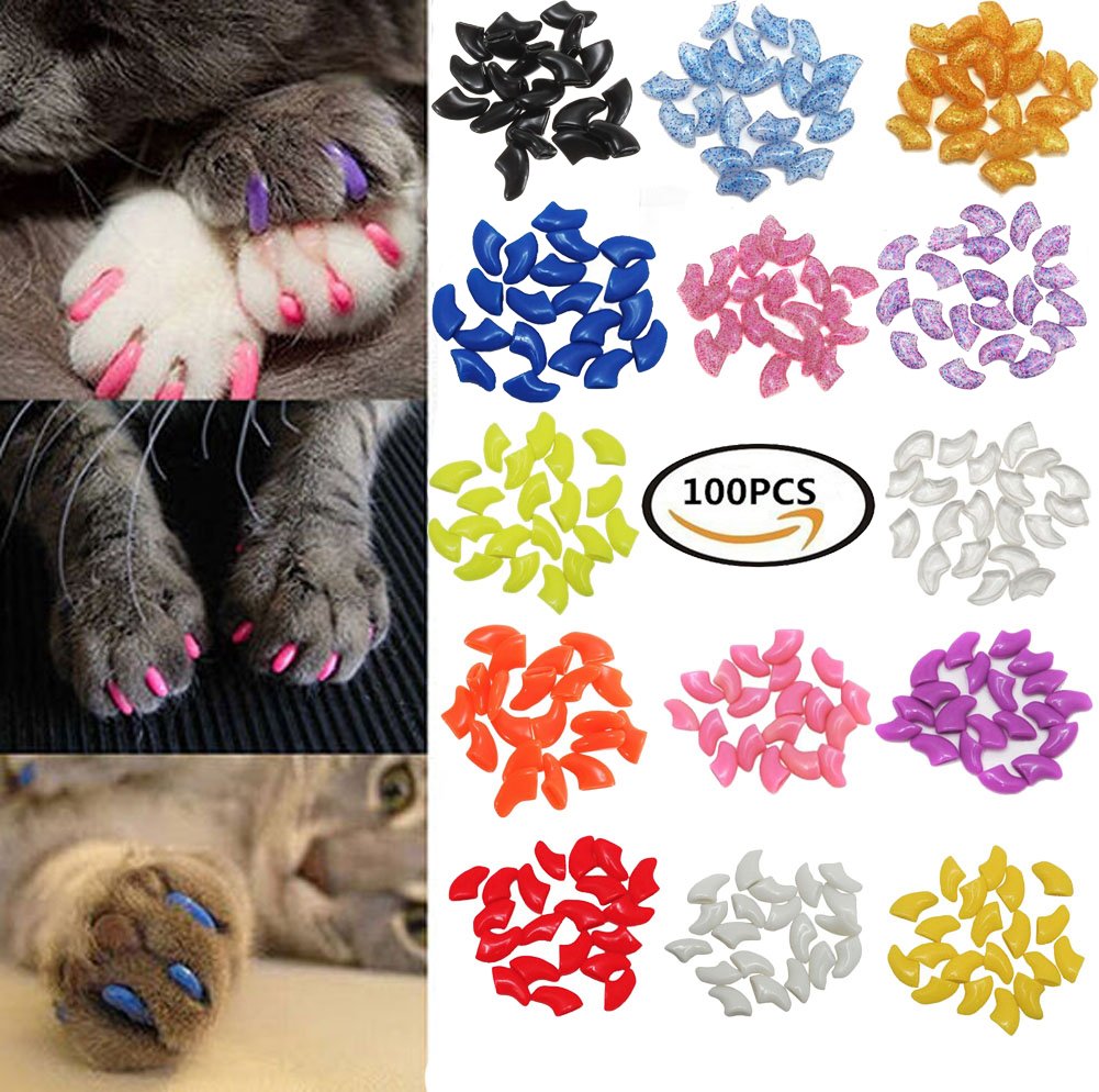 Victhy 100Pcs Cat Nail Caps, Cat Claw Caps Covers With Glue And Applicators Extra Small/Kitten 5 Colors, 20 Pcs/Color
