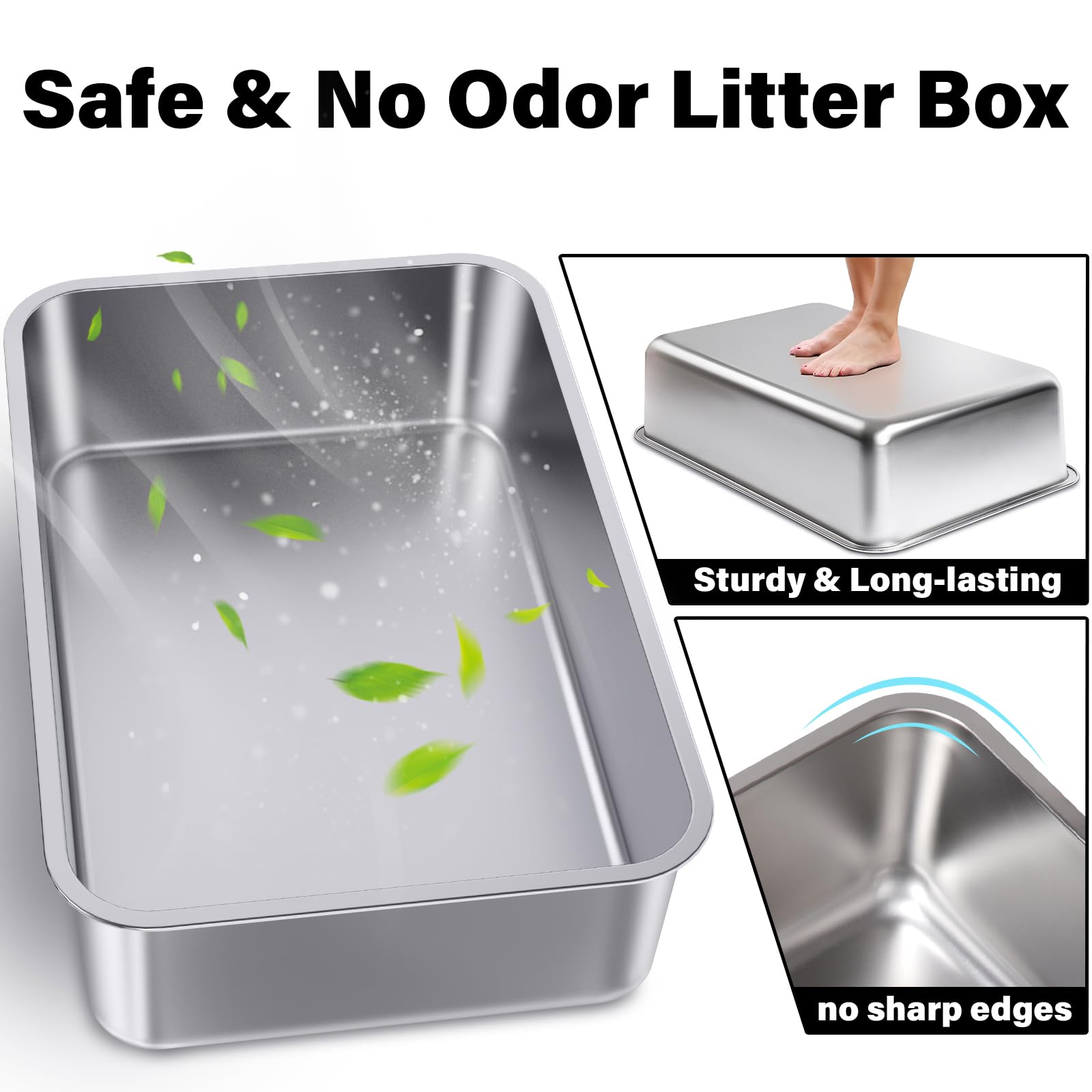 Holintan Stainless Steel Litter Box 2 Pack, 23.6'' X 15.7'' X 6'' Steel Litter Box Xl No Smell, Extra Large Metal Litterbox For