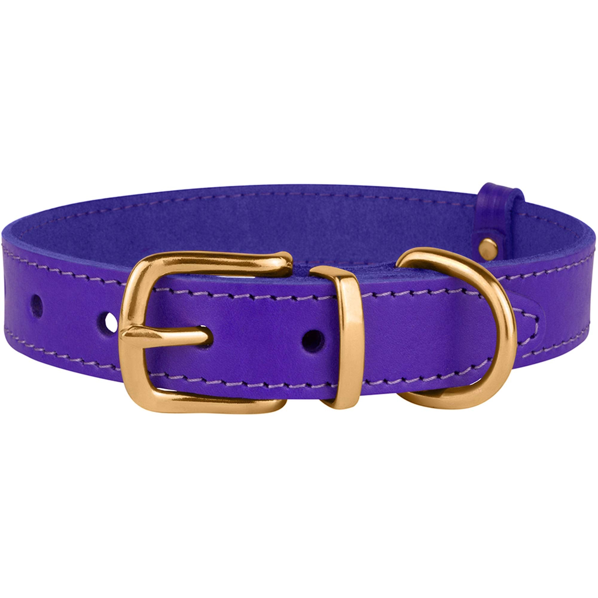 Bronzedog Leather Dog Collar With Metal Buckle Durable Basic Pet Collars For Small Medium Large Dogs (19-21 Inch (Pack Of 1), Purple & Gold Buckle)