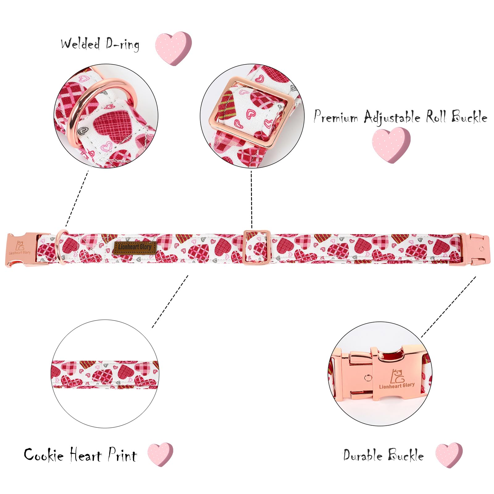 Lionheart Glory Valentine Collar, Cookie Hearts Dog Collar For X-Small Cute Dog Collars Spring Female Pet Gift Adjustable Heavy-