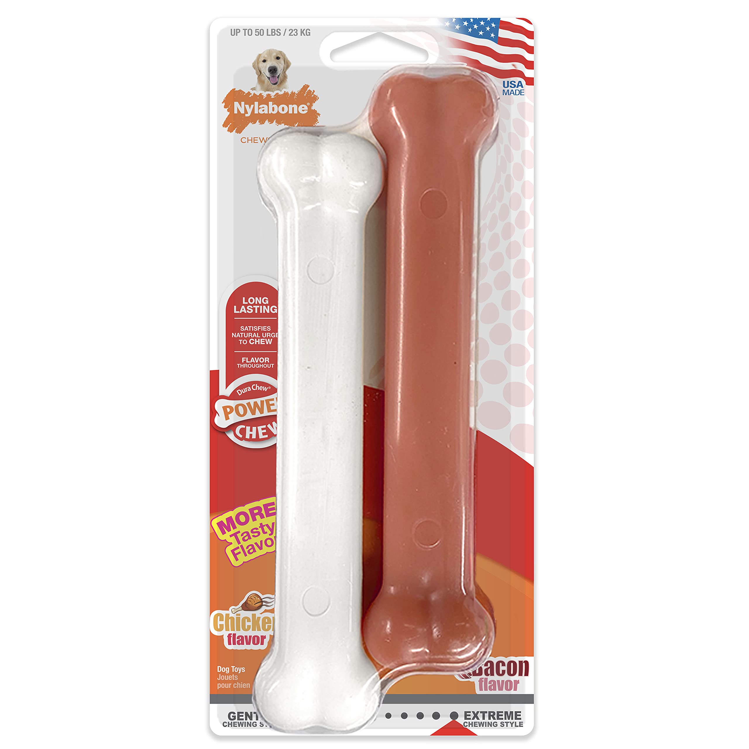 Nylabone Original Bone Power Chew Toy for Dogs, Durable Dog Toys for Aggressive Chewers, Basted Blast Chicken Flavor, Large - Up