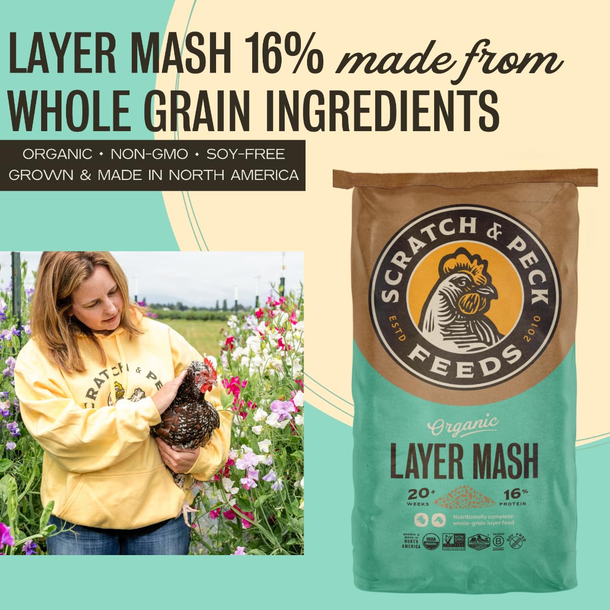 Scratch and Peck Feeds Whole Grain Layer Mash Chicken and Duck Feed - 25 lbs Bag - Corn-Free and Soy-Free - 16% Protein, Certifi