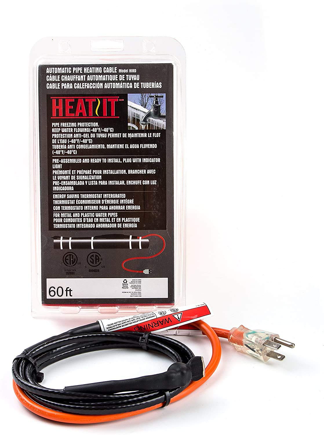 HEATIT 60ft Pipe Heating Cable with Built-in Thermostat, 7W/ft, Black - Ideal for Winter Freeze Protection