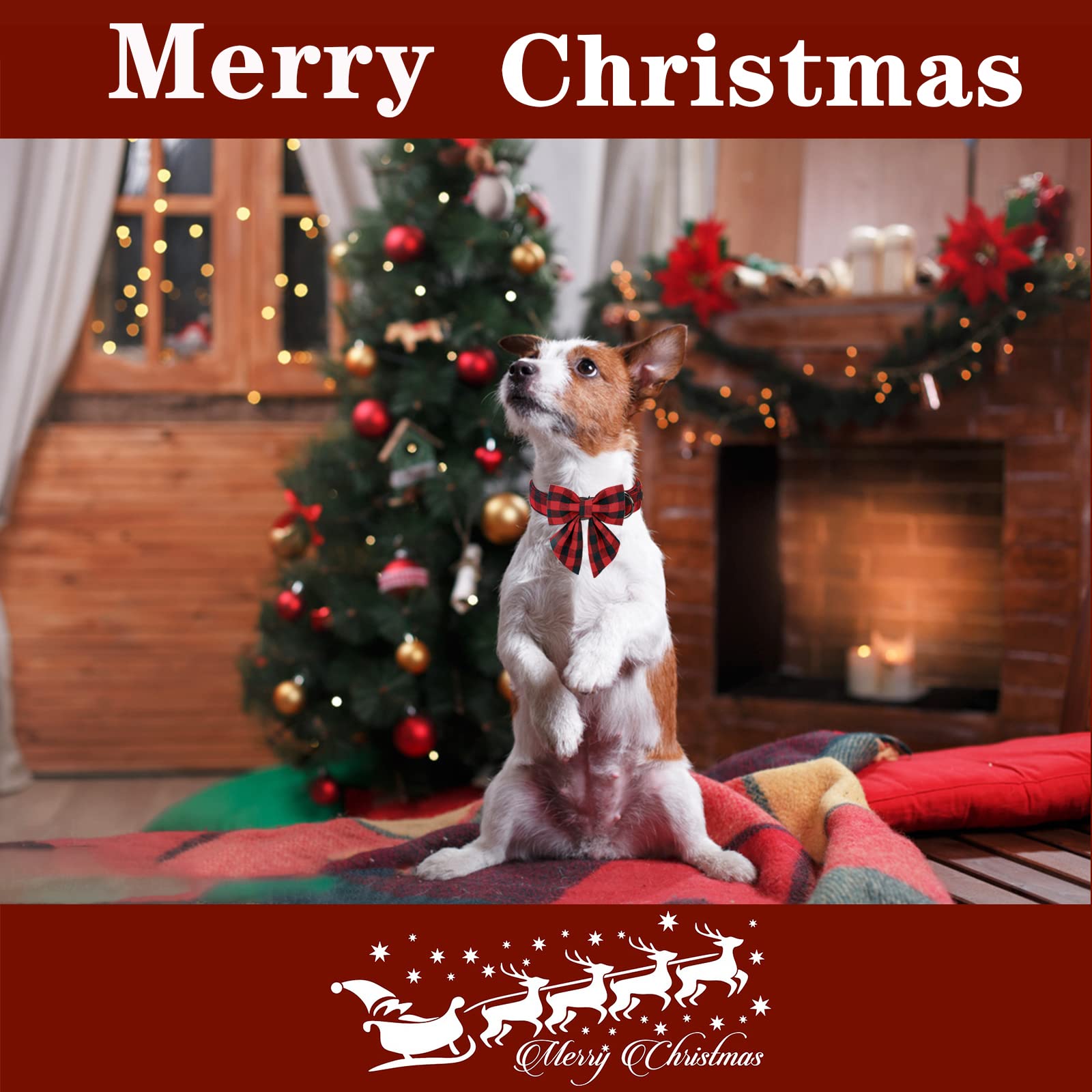 Unique Style Paws Christmas Dog Collar With Bow Tie Classic Red Plaid Puppy Collar For Small Medium Large Dogs As Holiday Winter Gifts-L