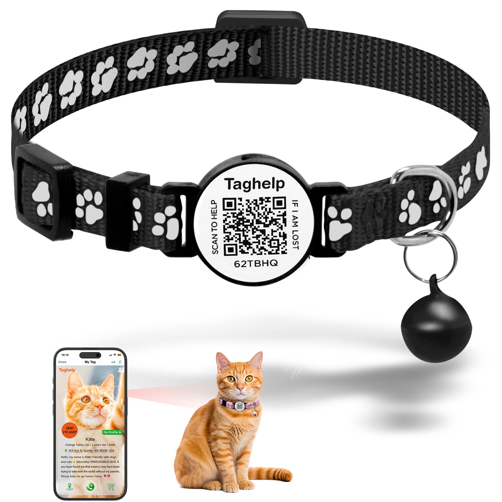 Collar Breakaway With Qr Code,Reflective (Black Cute Paw Print, Just Collar)