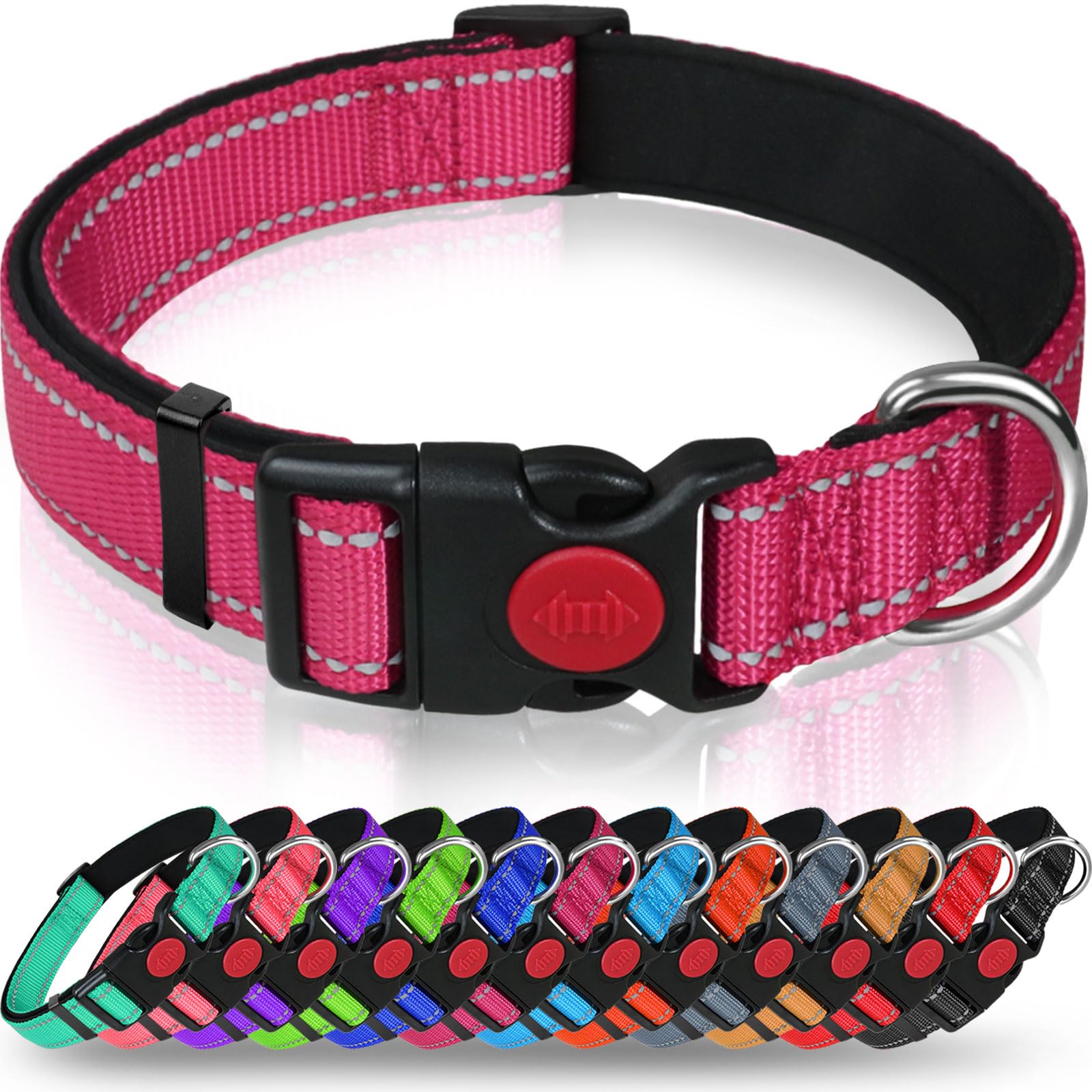 Taglory Reflective Dog Collar With Safety Locking Buckle, Adjustable Nylon Pet Collars For Puppy Dogs, Xs, Hot Pink