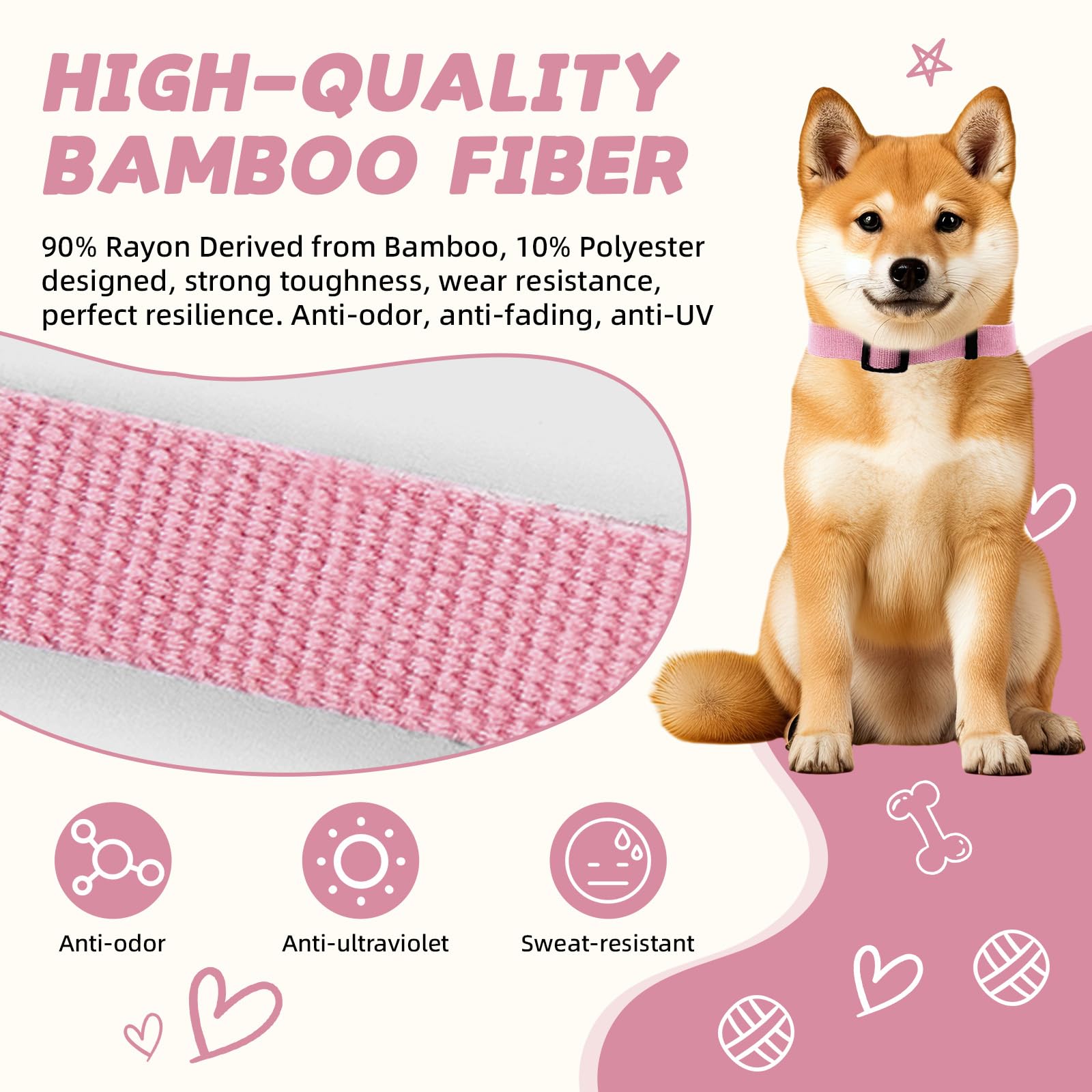 Pink Dog Collar And Leash Set For Large Dog, Breathable, Anti-Odor & Soft, Comfortable For Sensitive Skin Puppies, 90% Bamboo Ra
