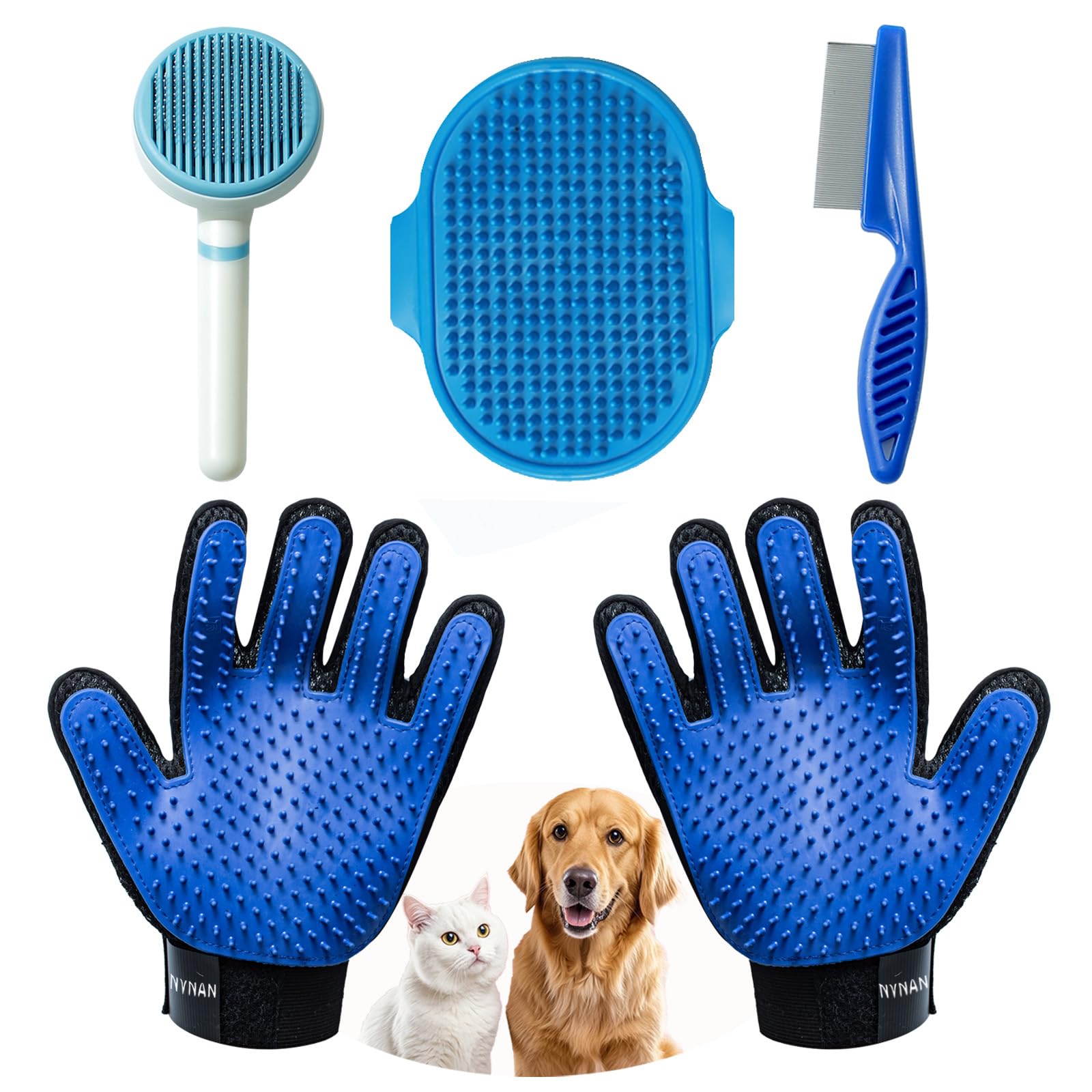 NVNAN 5 Piece Dog Grooming Brush Set with Grooming Gloves, Deshedding Comb & Massage Bath Brush | Dog Shampoo Brush - Multifunct