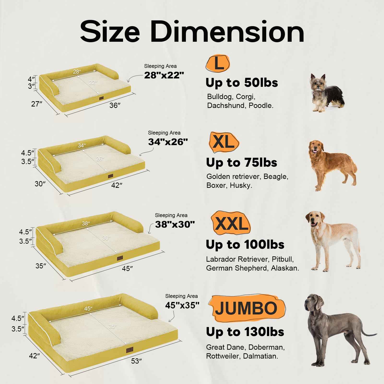 Large Dog Bed Orthopedic Washable - Couch Sofa - Xl Large Big Dogs - Beds Bolster Pet - Memory Foam - Waterproof With Removable Cover - Ginger Yellow Dog Bed