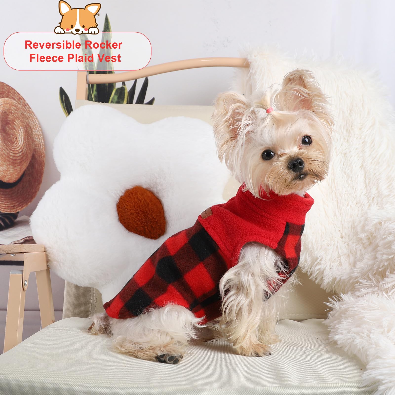 Dog Sweaters for Small Dogs Boy Girl, Plaid New Year Dog Sweater Fleece Dog Clothes Vest, Stretchy XSmall Dog Sweater Pet Clothe