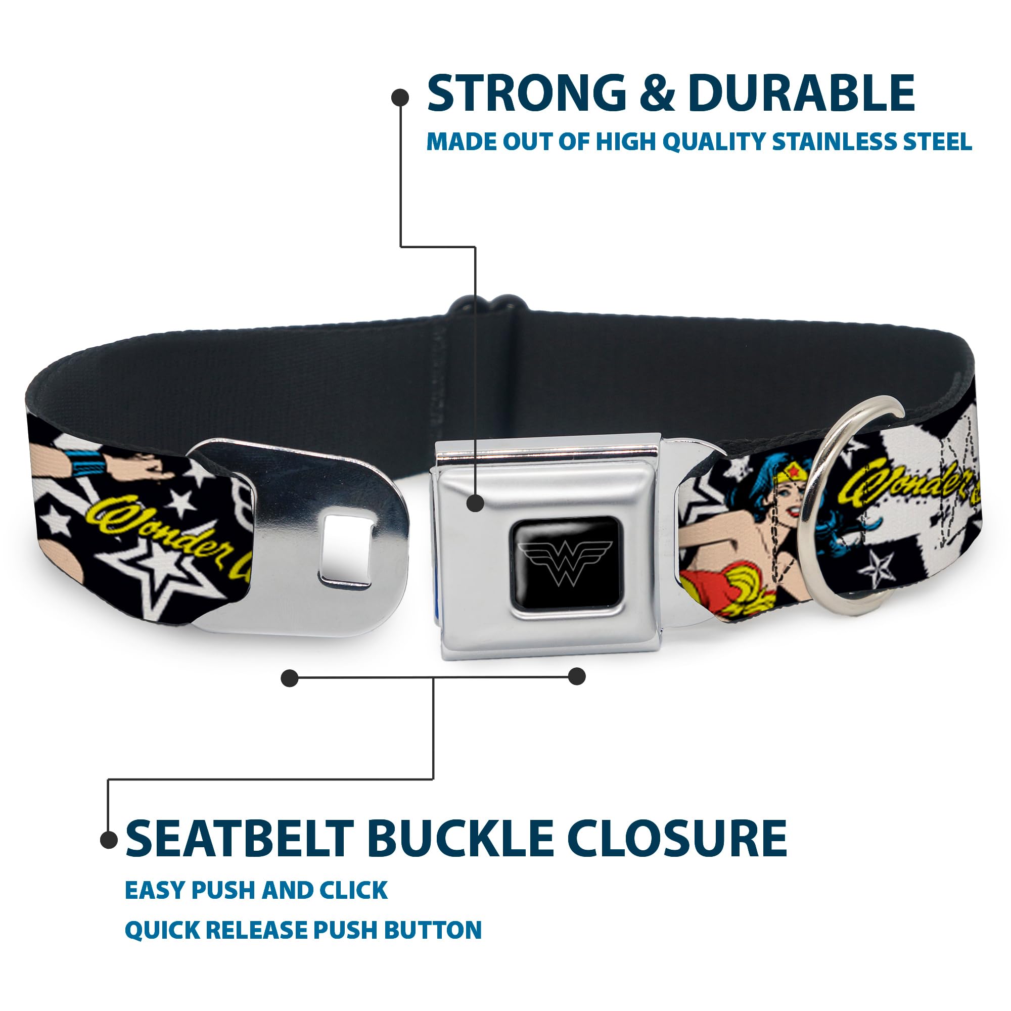Buckle-Down Seatbelt Buckle Dog Collar - Wonder Woman/Stars Black/White - 1.5' Wide - Fits 18-32' Neck - Large