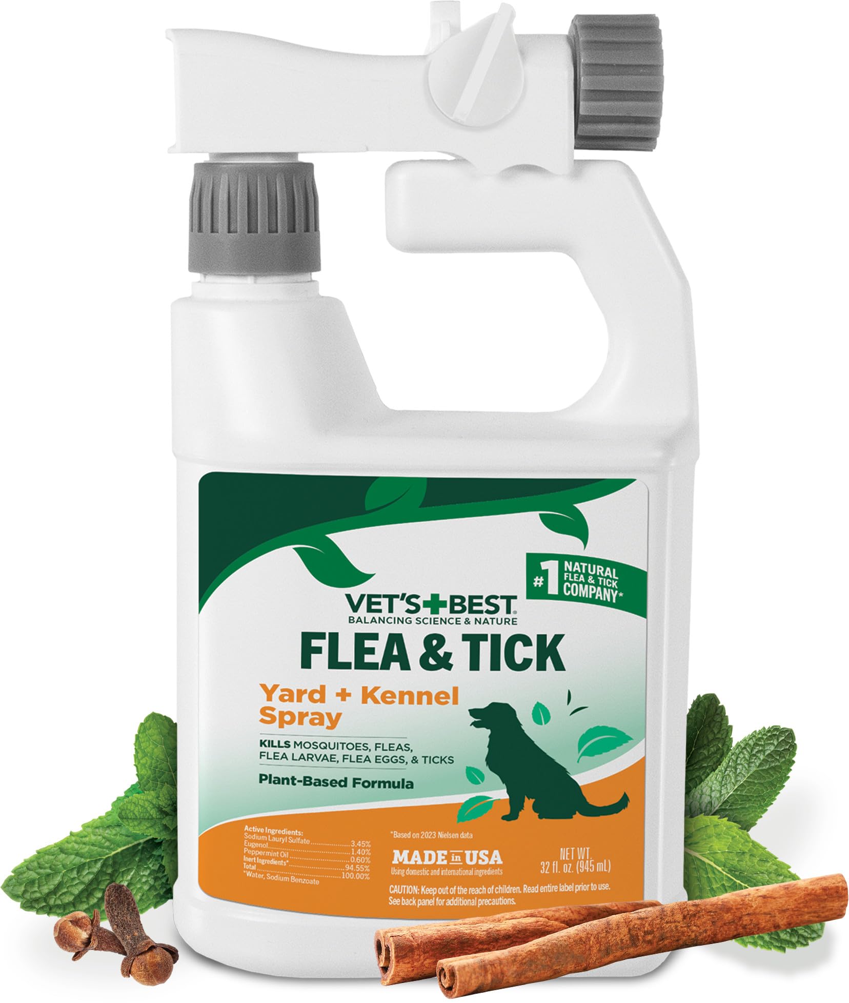Vets Best Natural Flea and Tick Yard and Dog Kennel Spray, Plant Safe Tick Spray for Yard with Ready-to-Use Hose Attachment, Mo
