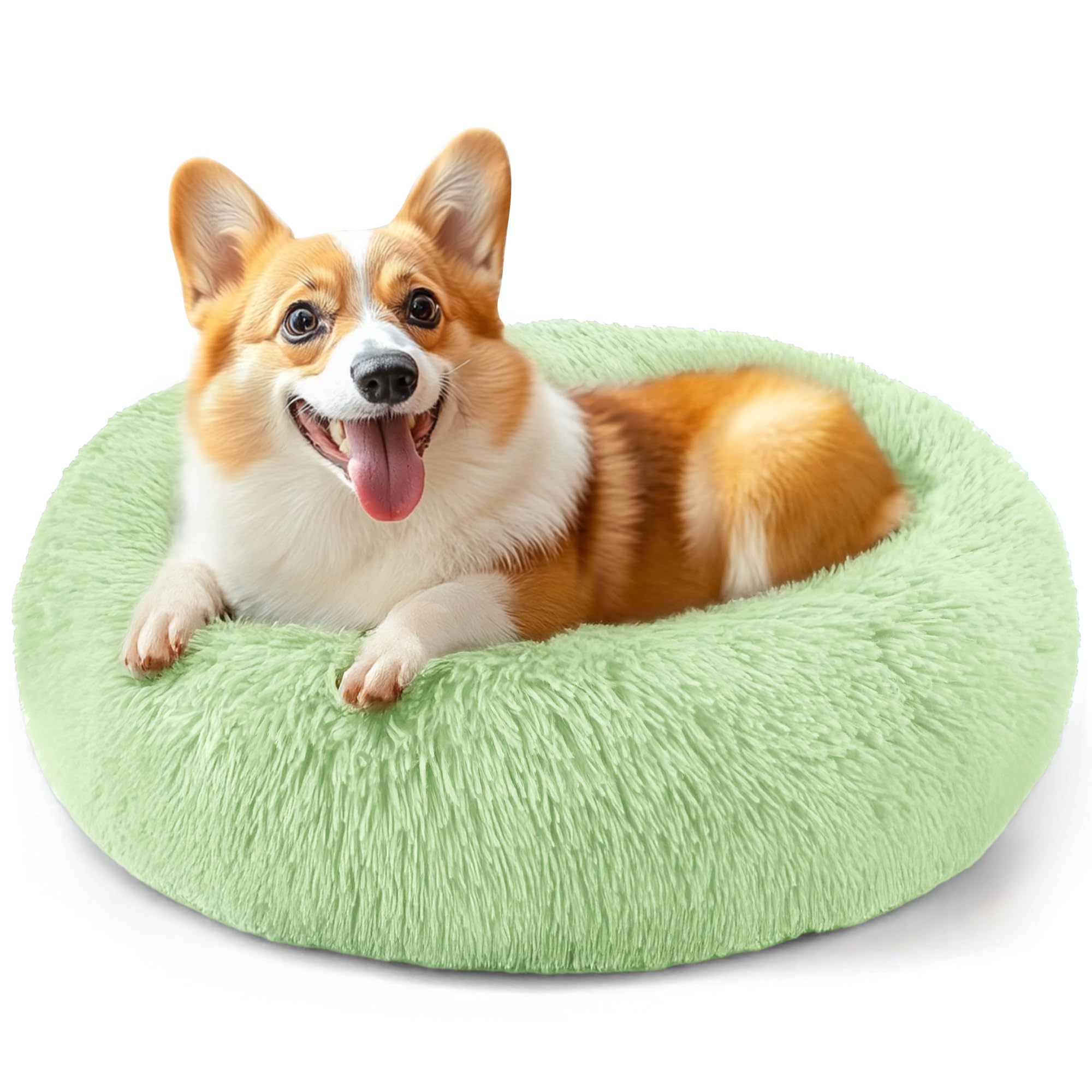 28in Large Dog Bed, Medium Size Dog and Cats, Calming Donut Bed for Puppy and Kitten, Washable Round Fluffy Pet Bed (Green)