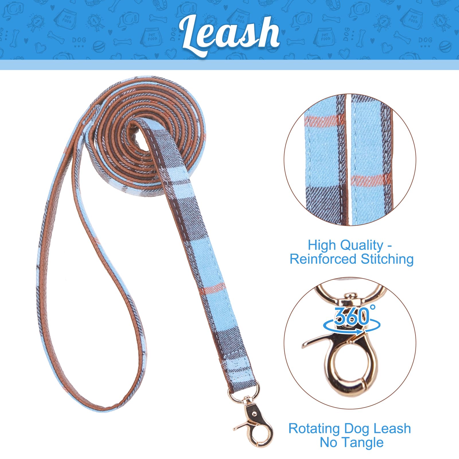 Expawlorer Dog Collar And Leash Set - Classic Plaid Dog Collar With Bow Tie, 360 Swivel No Tangle Dog Leash, Adjustable Dog Coll