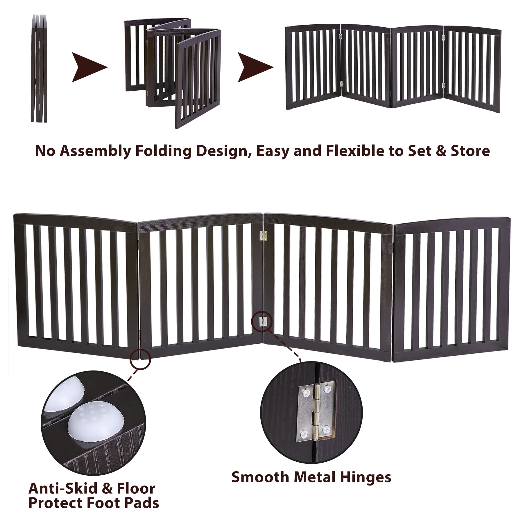 Epetlover Extra Wide Dog Gate 24 Inch High Freestanding Indoor Pet Door For House Doorways Stairs Halls, Foldable Wood Outdoor Safety Fence 4 Panels, Coffee