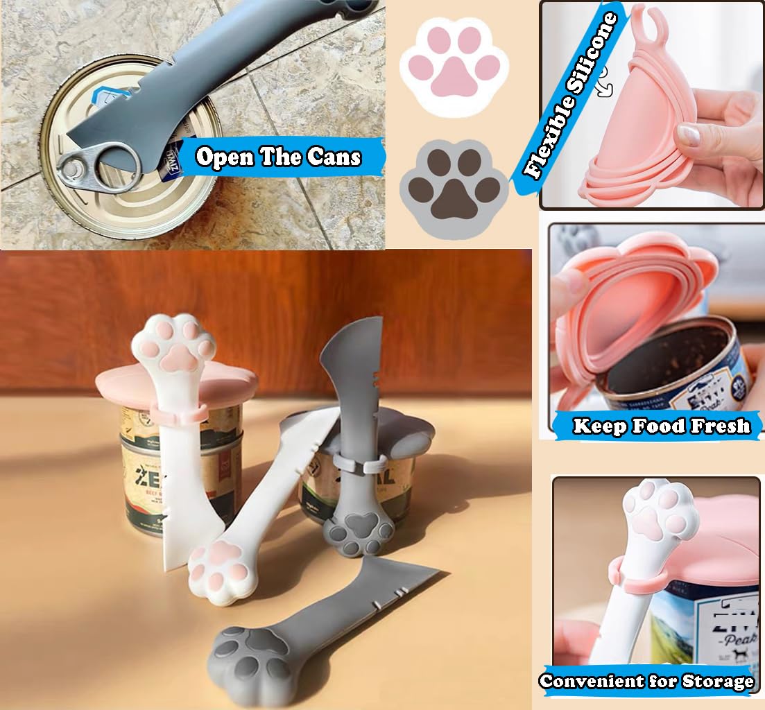 Cat Dog Food Can Lids Spoons - Cute Paw Silicone Pet Can Lids Covers for Dog Cat Food Cans / Can Opener Cat Food Spatula Spoons