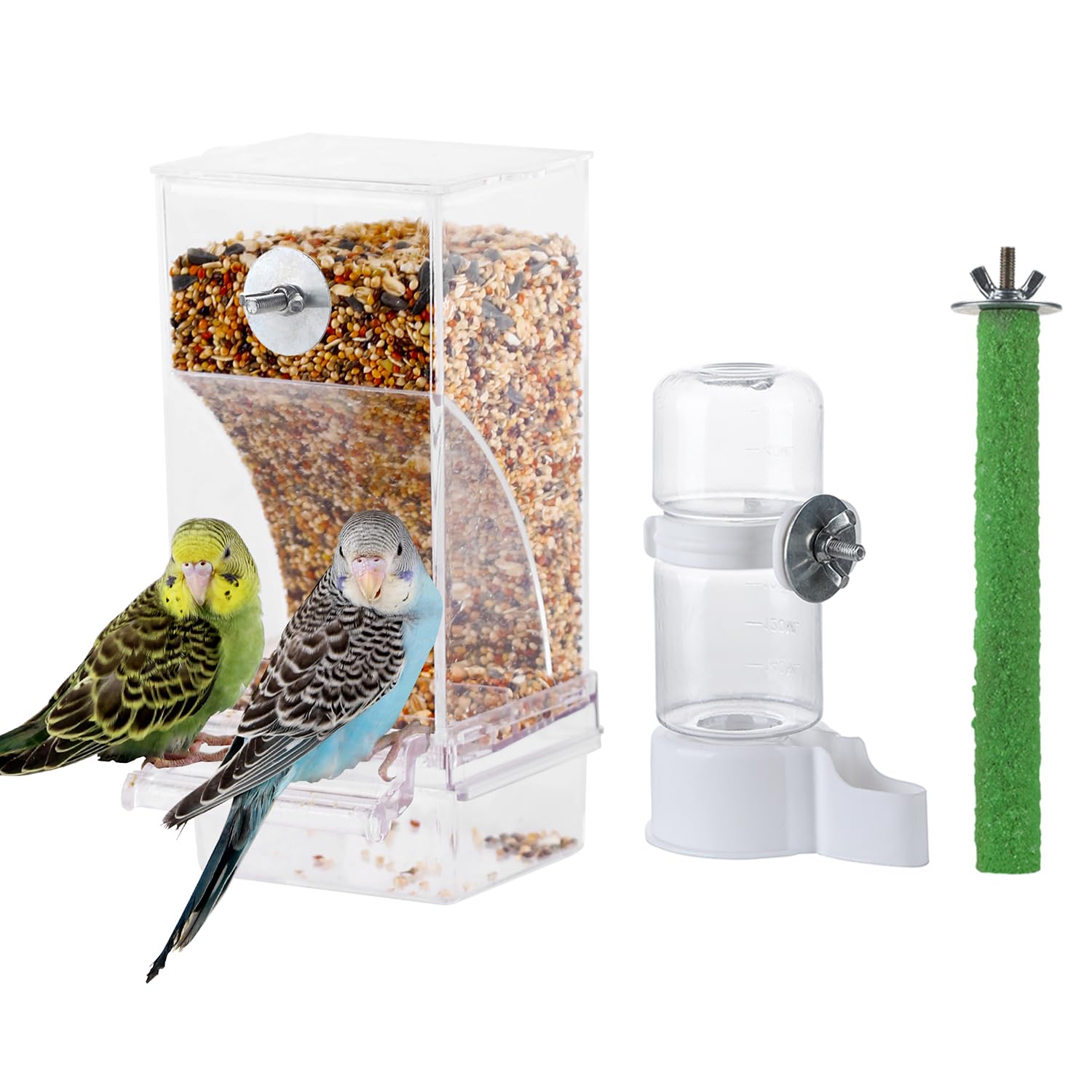 IBWell Set of 3 Automatic Bird Feeders and Waterers for Cage, No Mess Seed and Parrot Water Dispenser, Perch for Cages