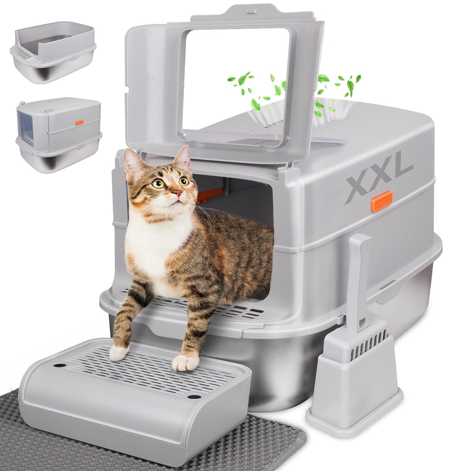 Elegx Odor-Control Stainless Steel Cat Litter Box,Xl Large 4-In-1 Cat Metal Litter Box Set,Enclosed Removable Metal Litter Box W
