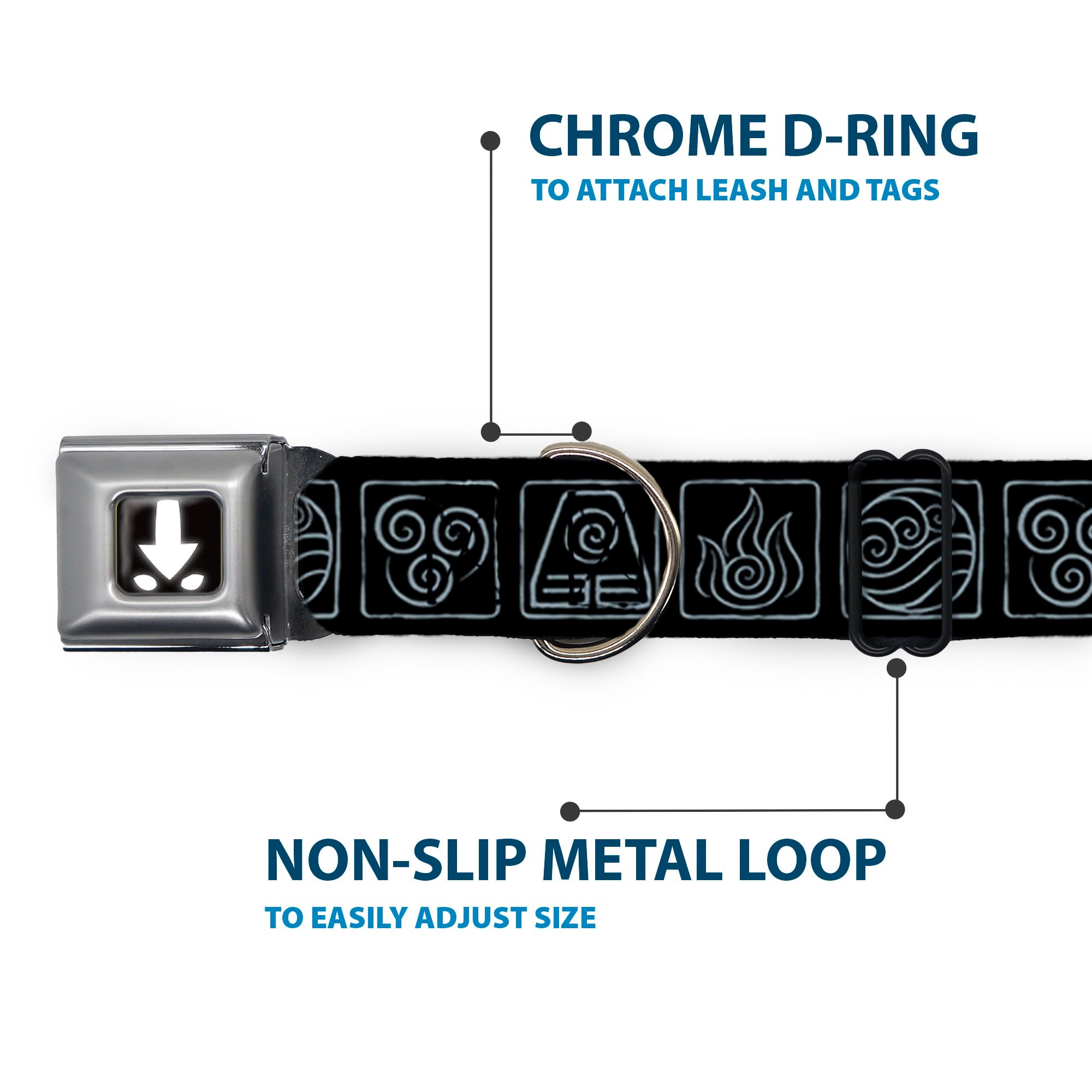 Dog Collar Seatbelt Buckle Avatar The Last Airbender Bending Elements Icons Black Gray 20 To 31 Inches 1.5 Inch Wide