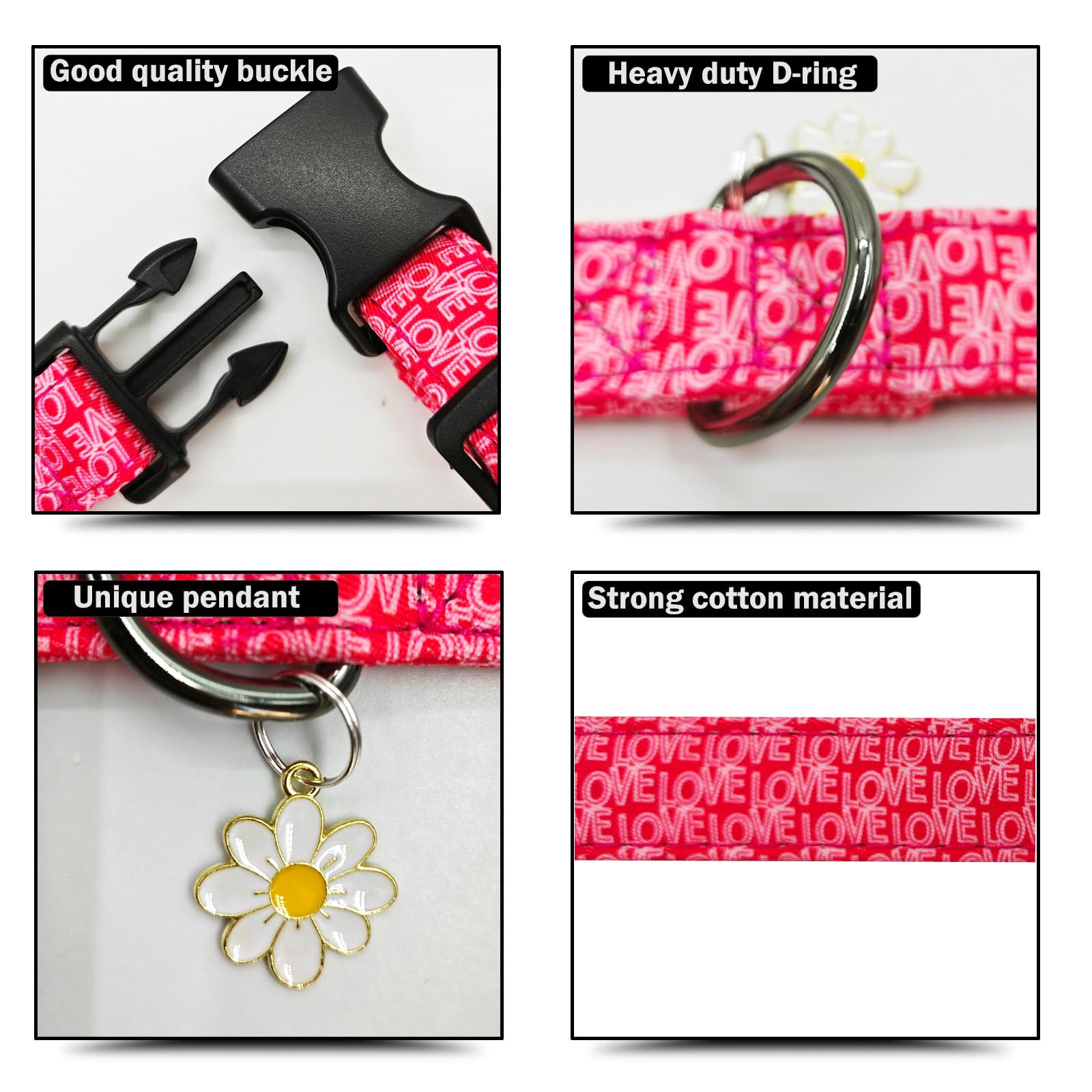 Flower Patterns Dog Collar With Accessories, Soft Cotton Dog Collars For Small Medium Large Female And Male Dogs(Love L)