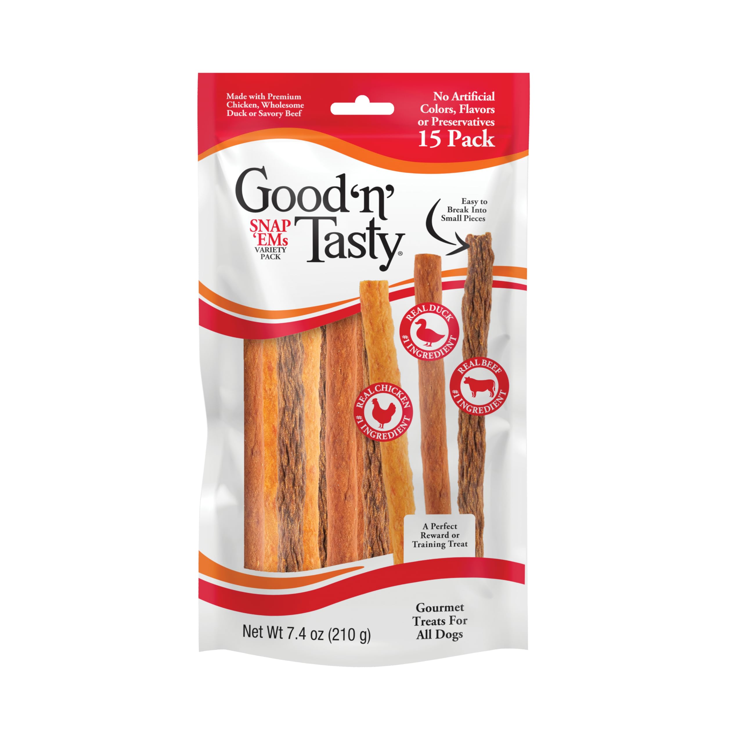 Good n Tasty Triple Flavor Snap EMS Gourmet Treats Variety Pack for All Dogs, 15 Count, Reward or Training Treat Made with Rea