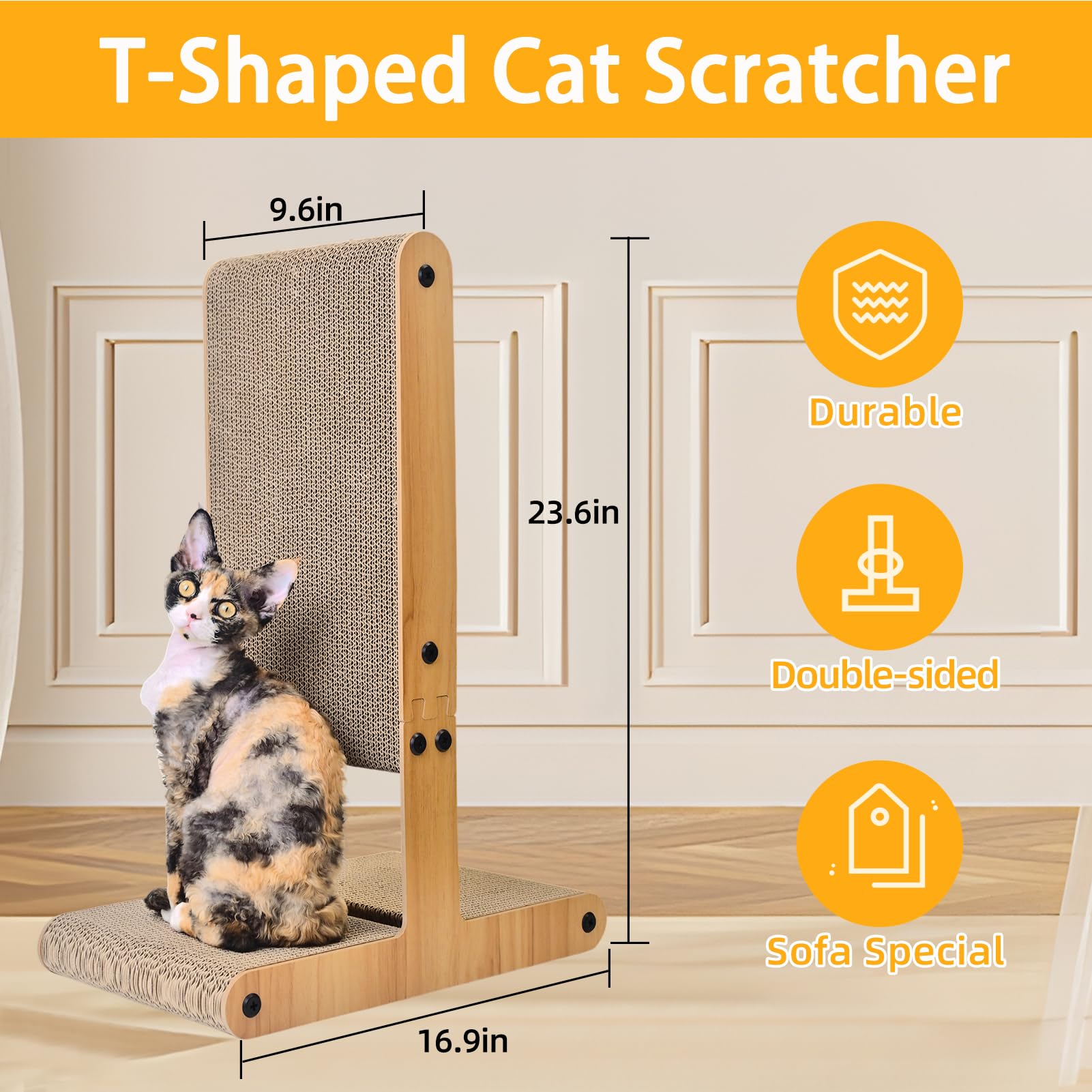 Nekosan T-Shaped Cat Scratcher For Indoor Cats, Double-Sided Furniture Protector, 23.6X16.9X9.6 Inch Large, Cardboard With Ball